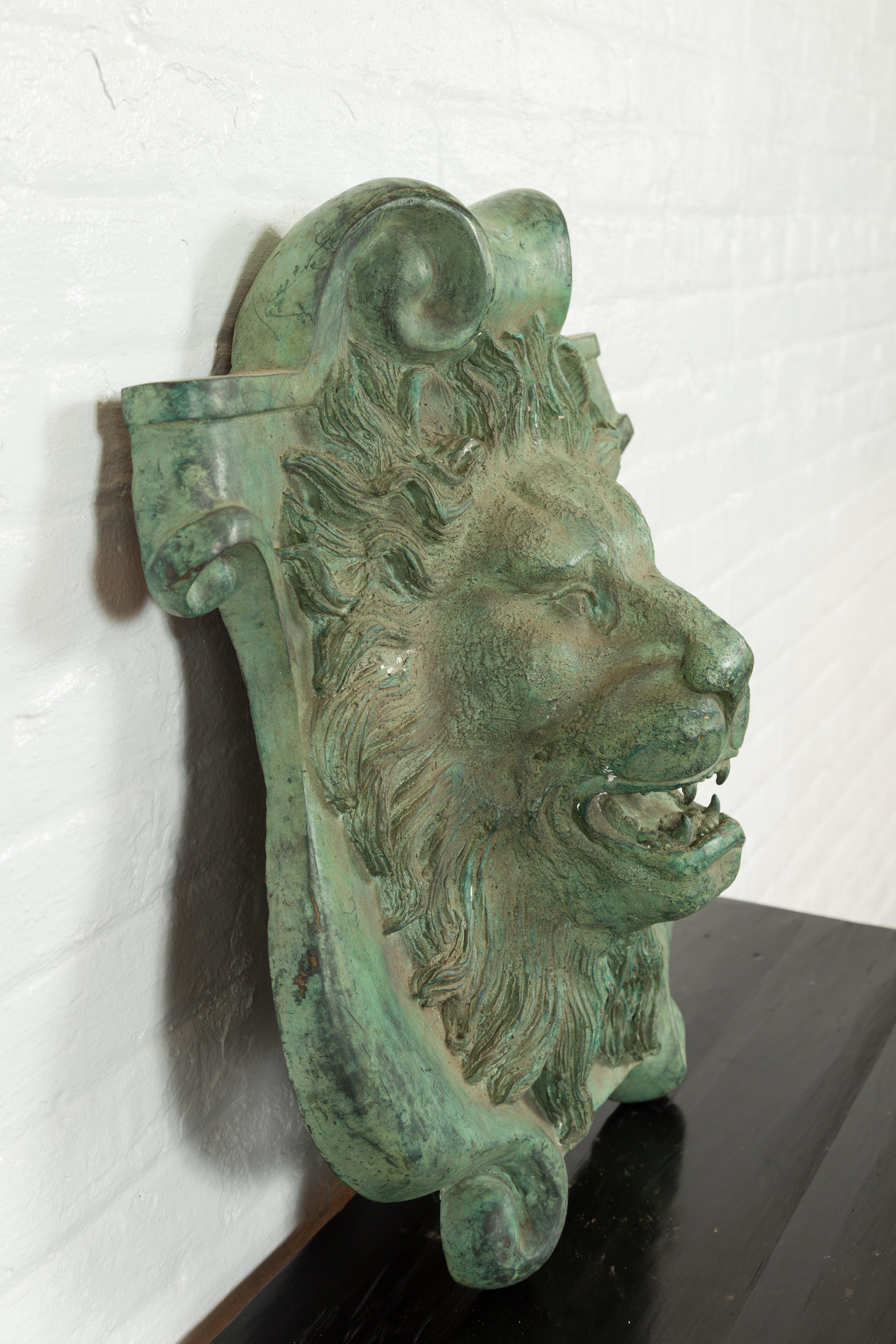 Contemporary Cast Bronze Roaring Lion Head Wall Fountain with Verde Patina 4