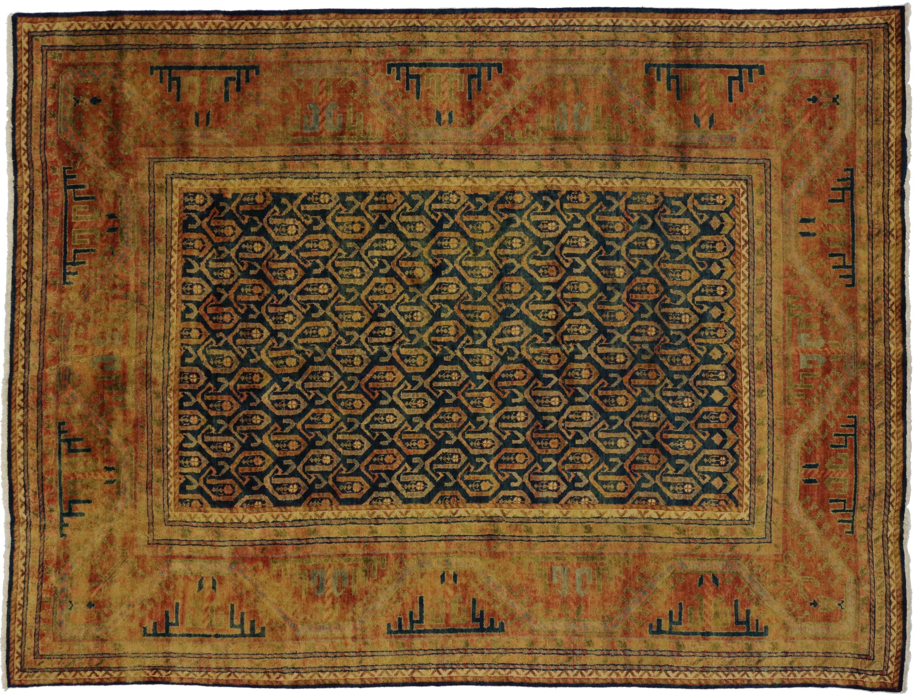 Hand-Knotted Contemporary Caucasian Kazak Style Area Rug with Arts & Crafts Style For Sale