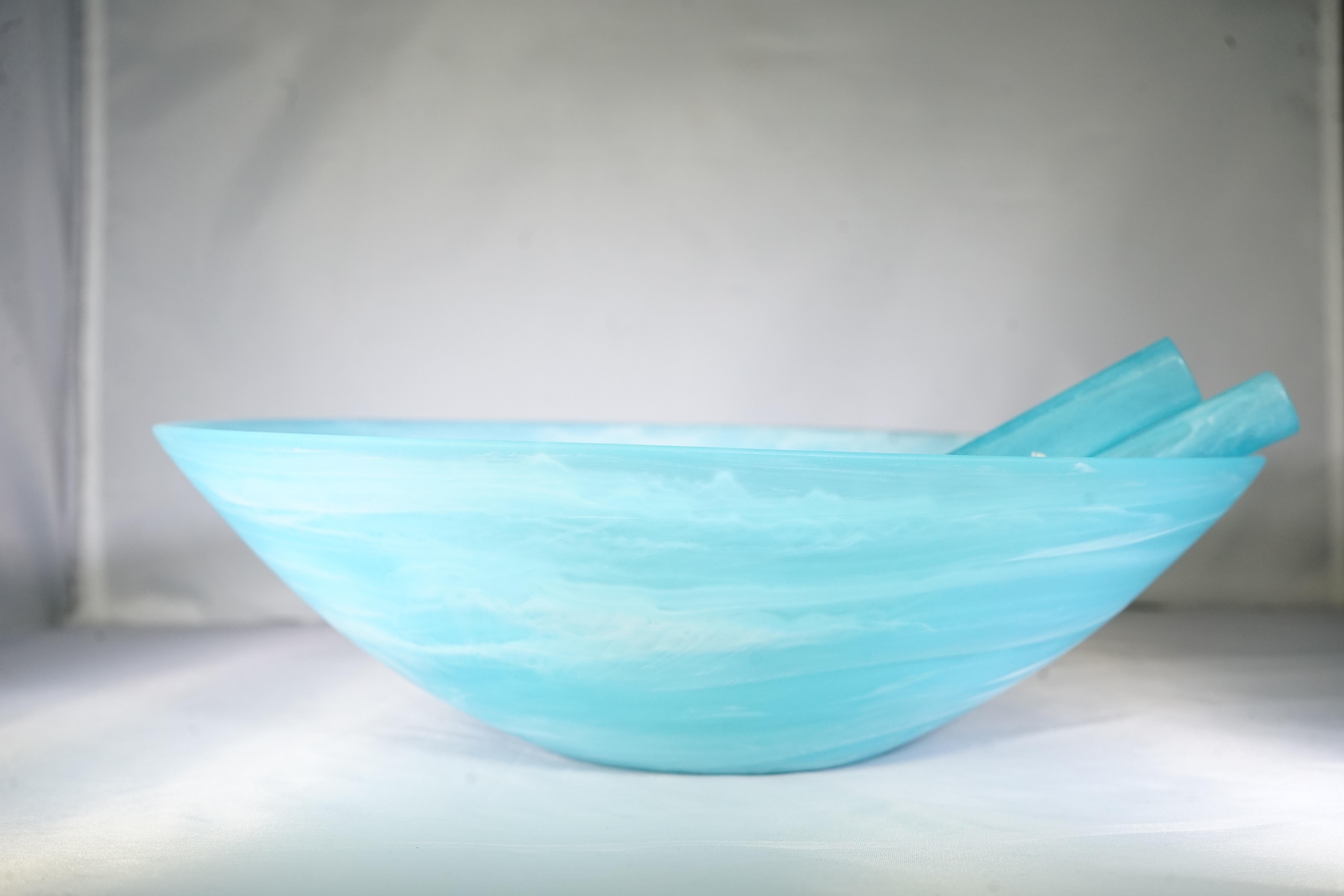 Contemporary light blue and white resin salad bowl serving set by CDMX Design. Brand new.