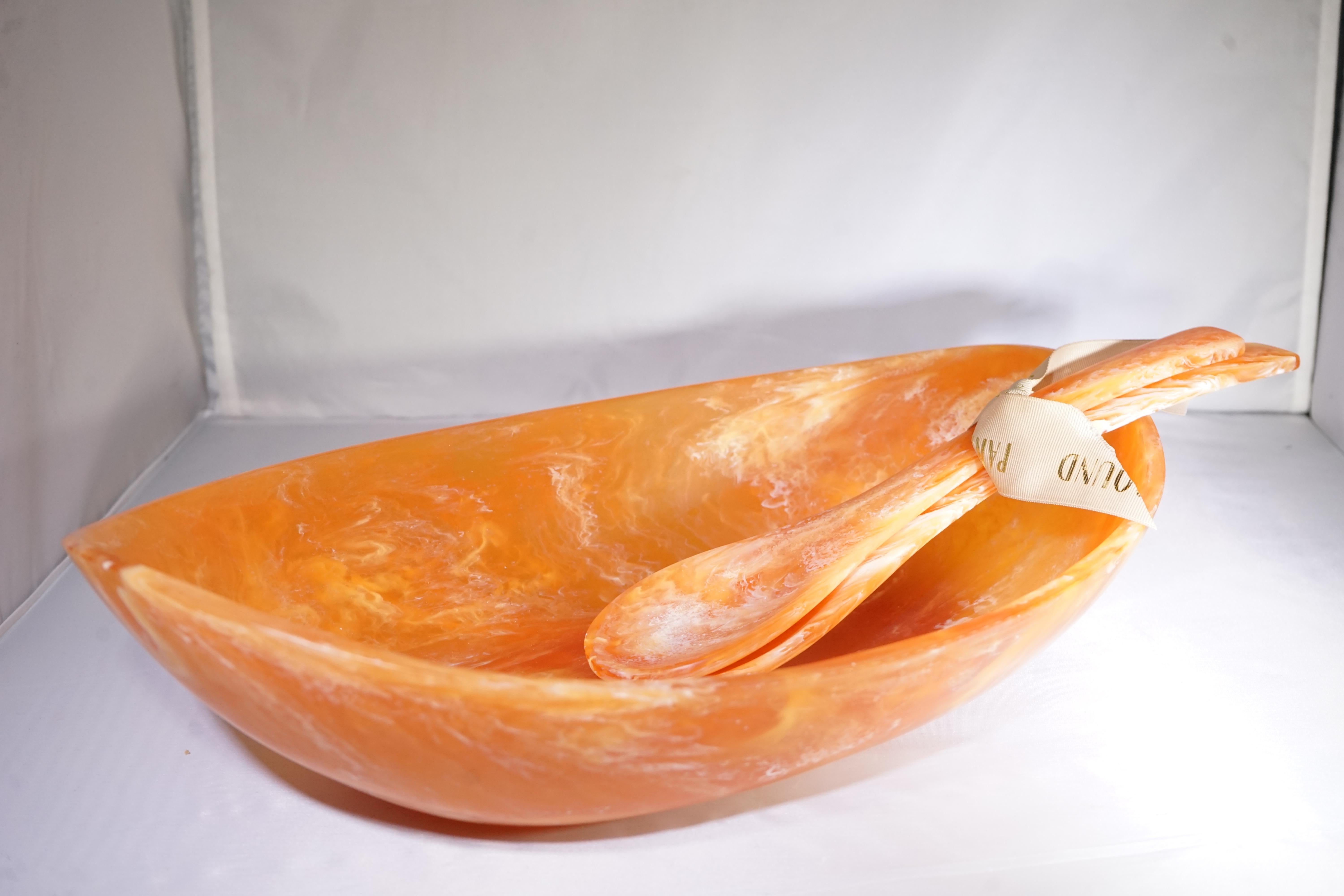 Contemporary orange and white resin large cradle bowl serving set by CDMX design. Brand new.