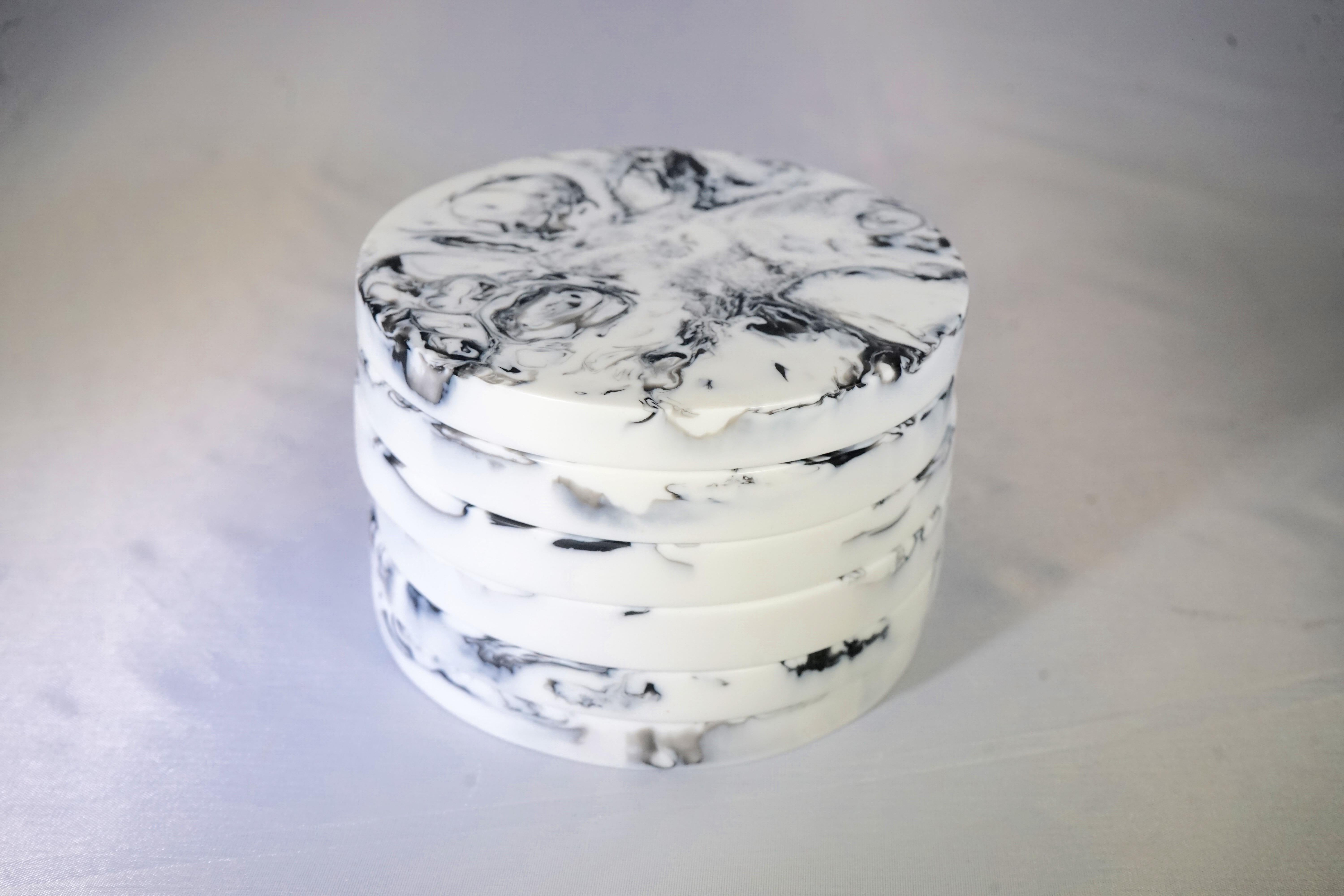 Contemporary coasters in a set of six, with black and white swirled resin by CDMX Design. Brand new.