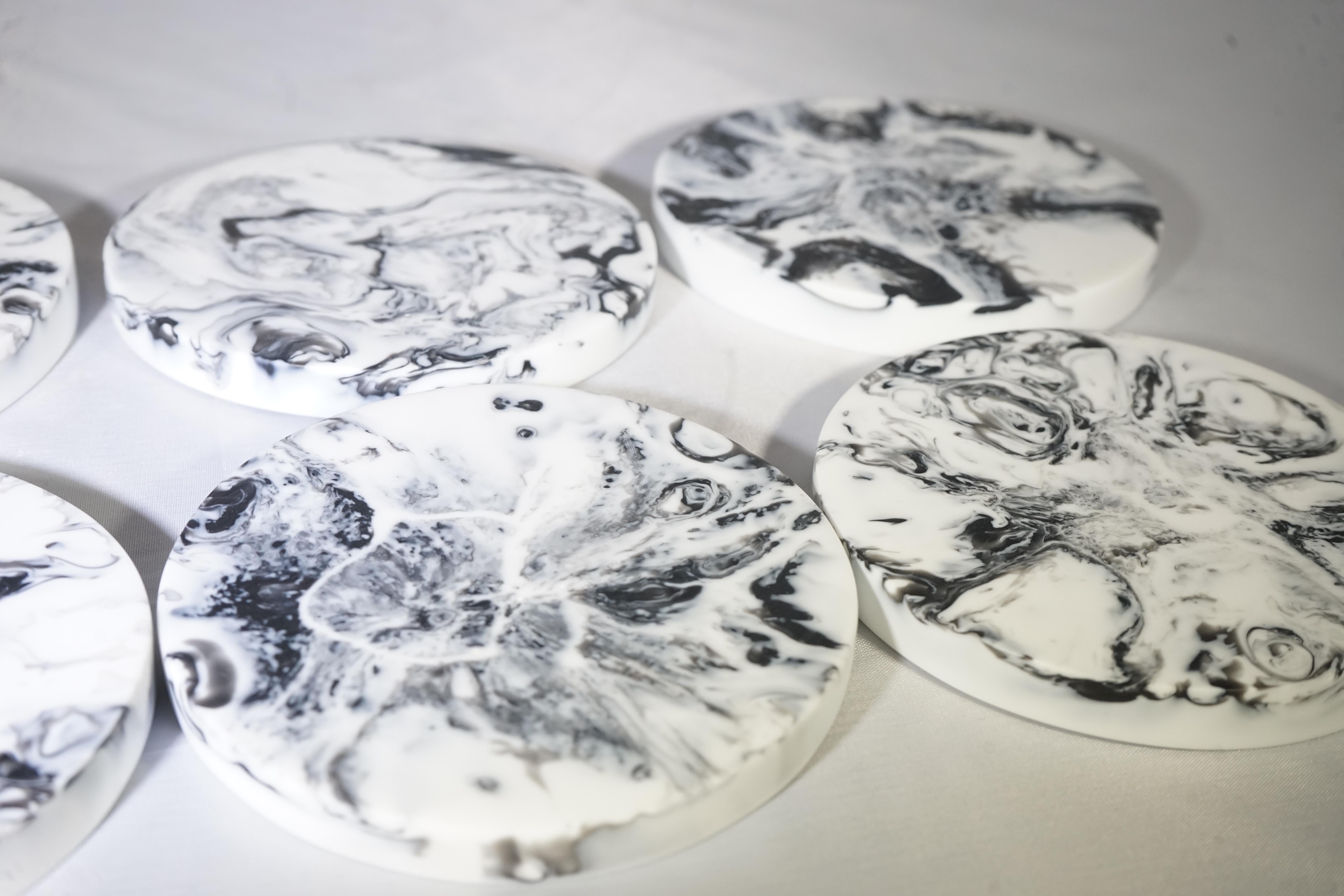 North American Contemporary CDMX Design Set of 6 Black and White Resin Coasters