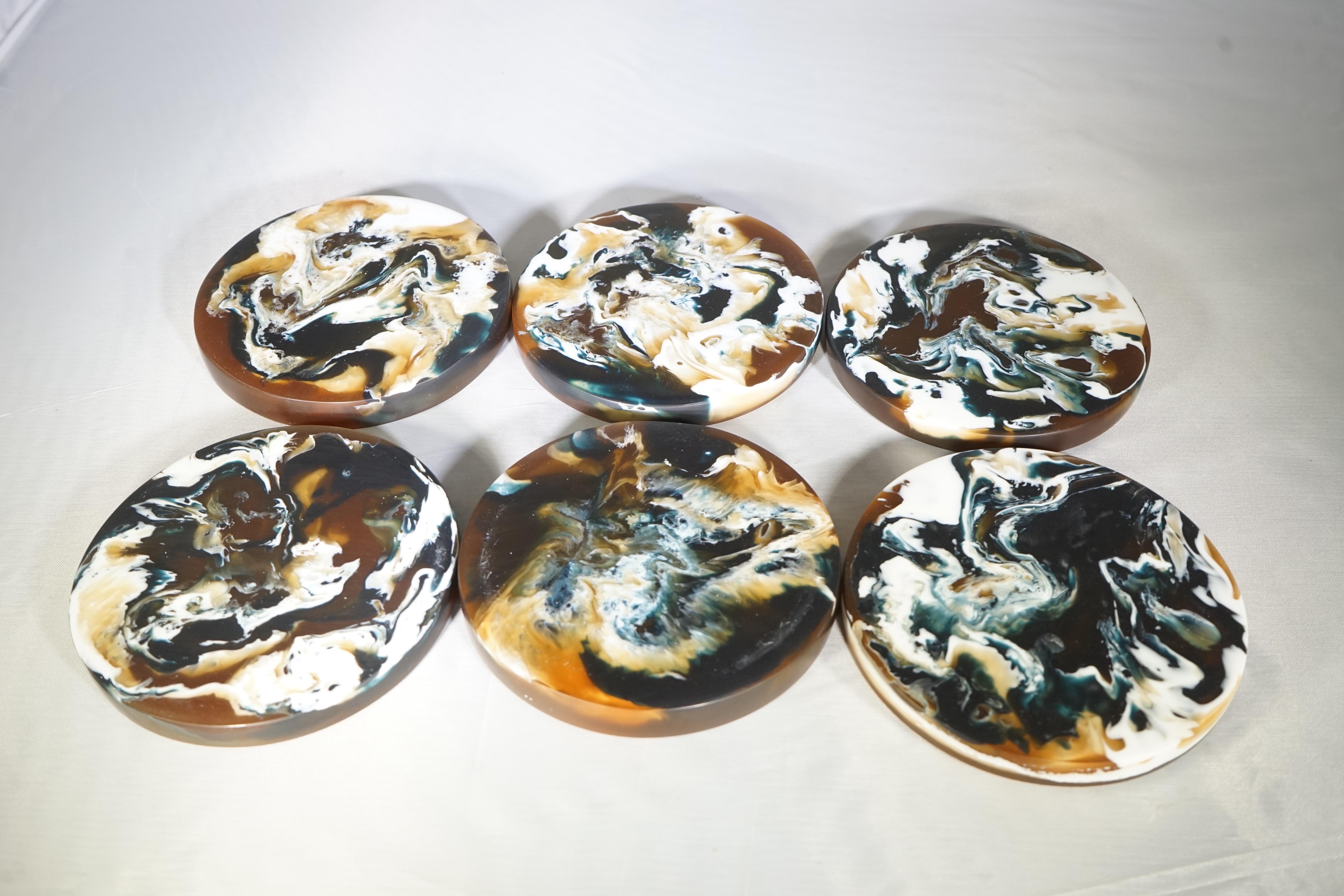 Contemporary coasters in a set of six, with dark brown and white, swirled resin by CDMX Design. Brand new.