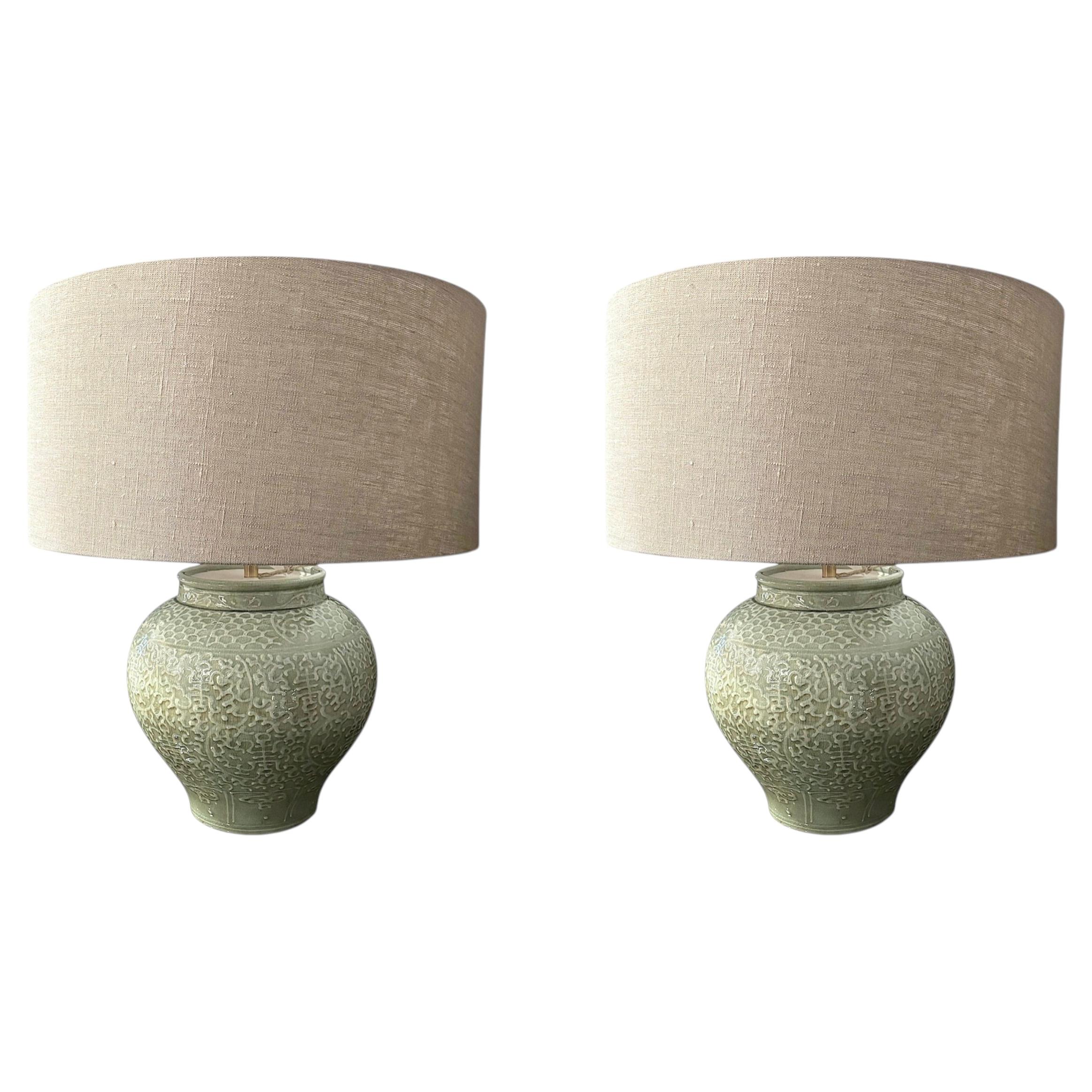 Contemporary Celadon Pair Table Lamps with Belgian Linen Shades, 23" Tall