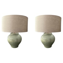 Contemporary Celadon Pair Table Lamps with Belgian Linen Shades, 23" Tall