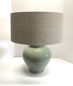 Contemporary Celadon Pair Table Lamps with Belgian Linen Shades, 23" Tall