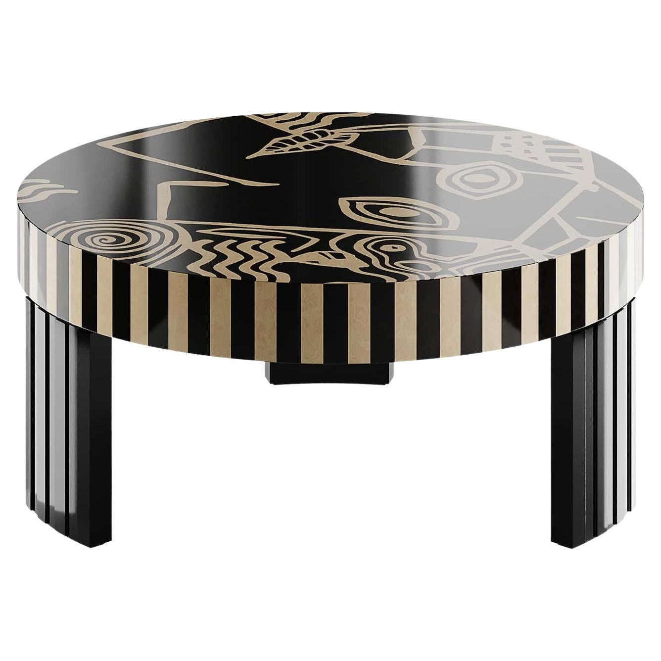 Table basse centrale ronde moderne à motif abstrait en marqueterie noire et blanche