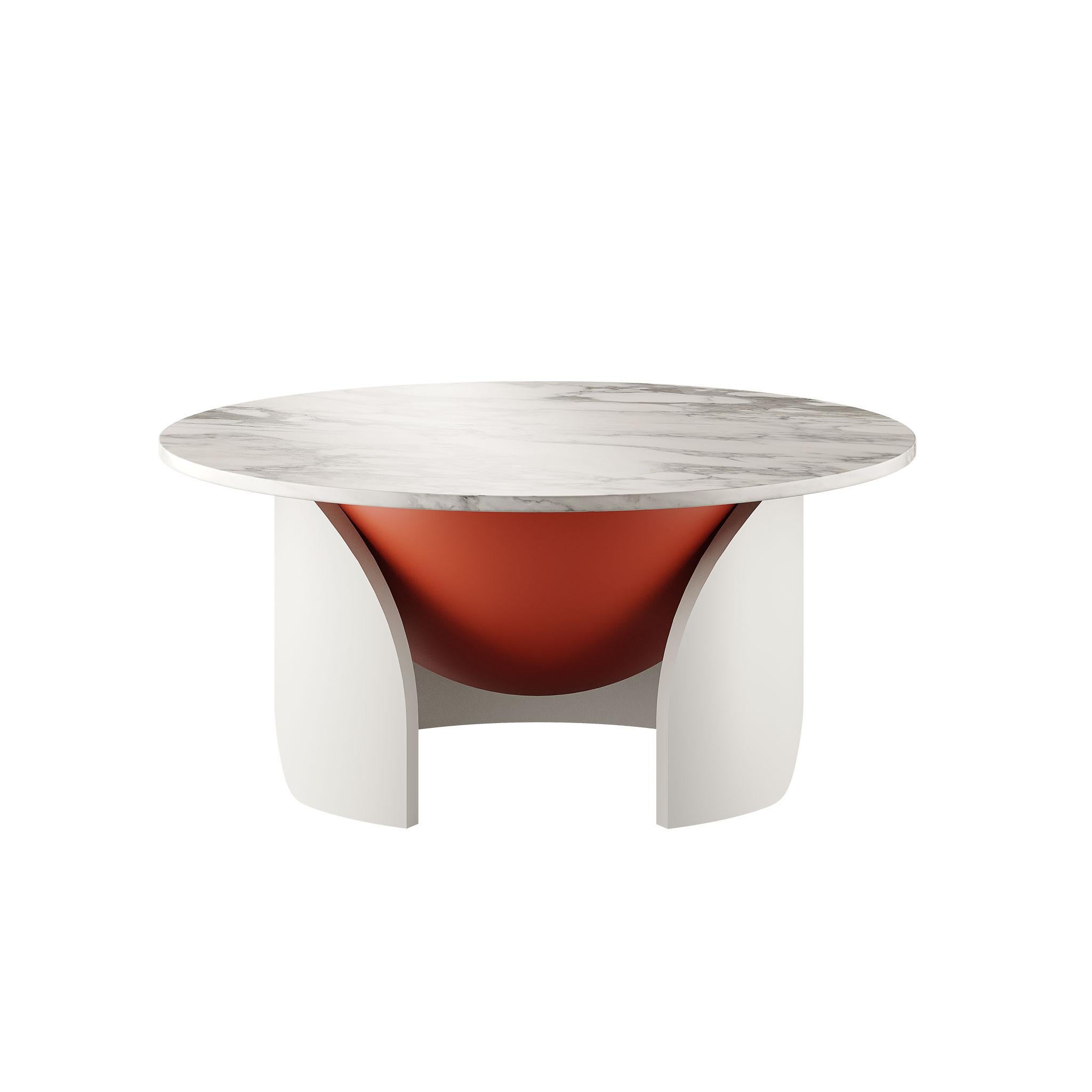 Entdecken Sie den Inbegriff von modernem Luxus mit unserem Contemporary Center Table mit exquisitem weißem Calacatta-Marmor und einer markanten orangefarbenen runden Kugel in seinem Inneren.
Dieser sorgfältig gefertigte Tisch verbindet nahtlos