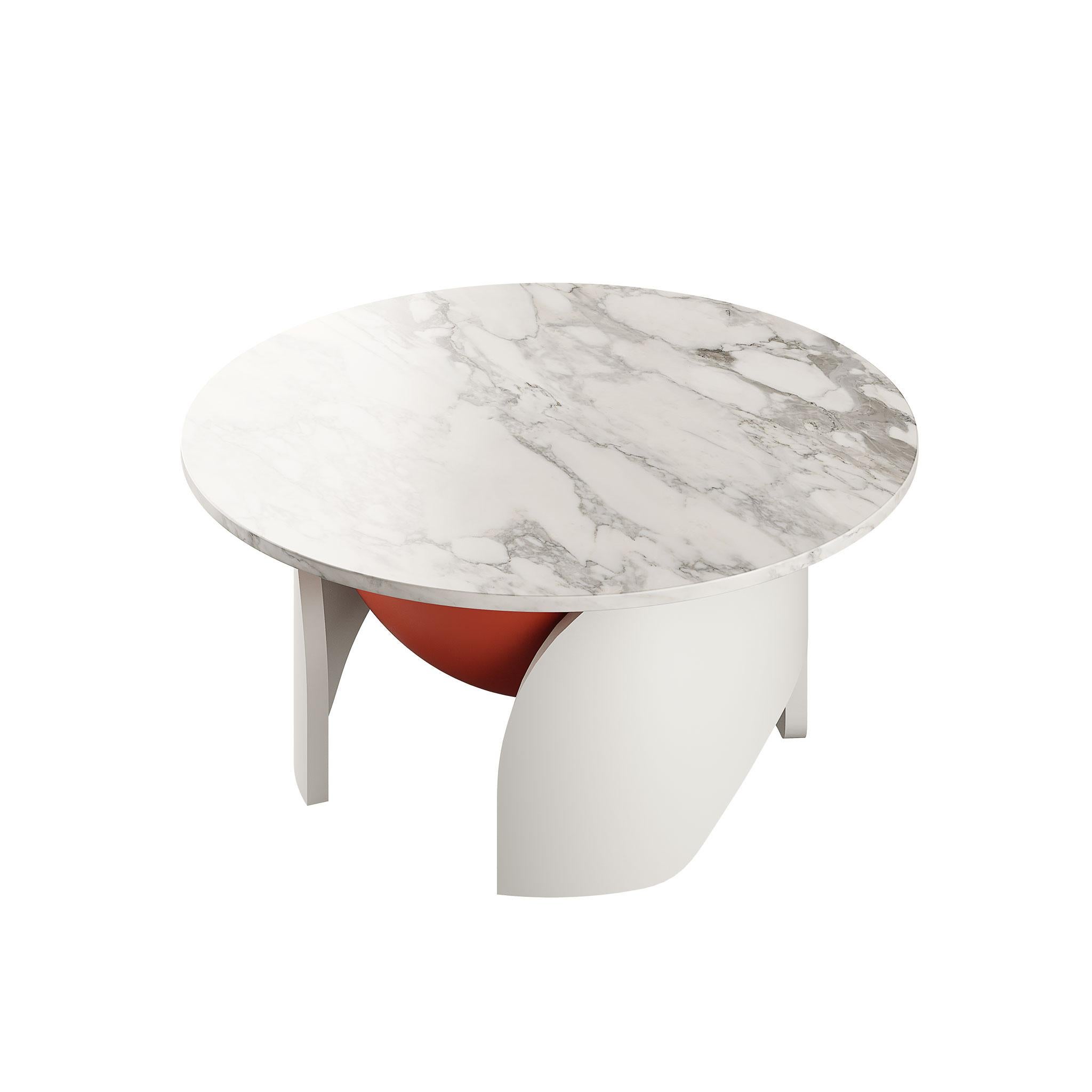 Moderne Table centrale ronde moderne Calacatta plateau en marbre blanc laqué gris et orange mat en vente