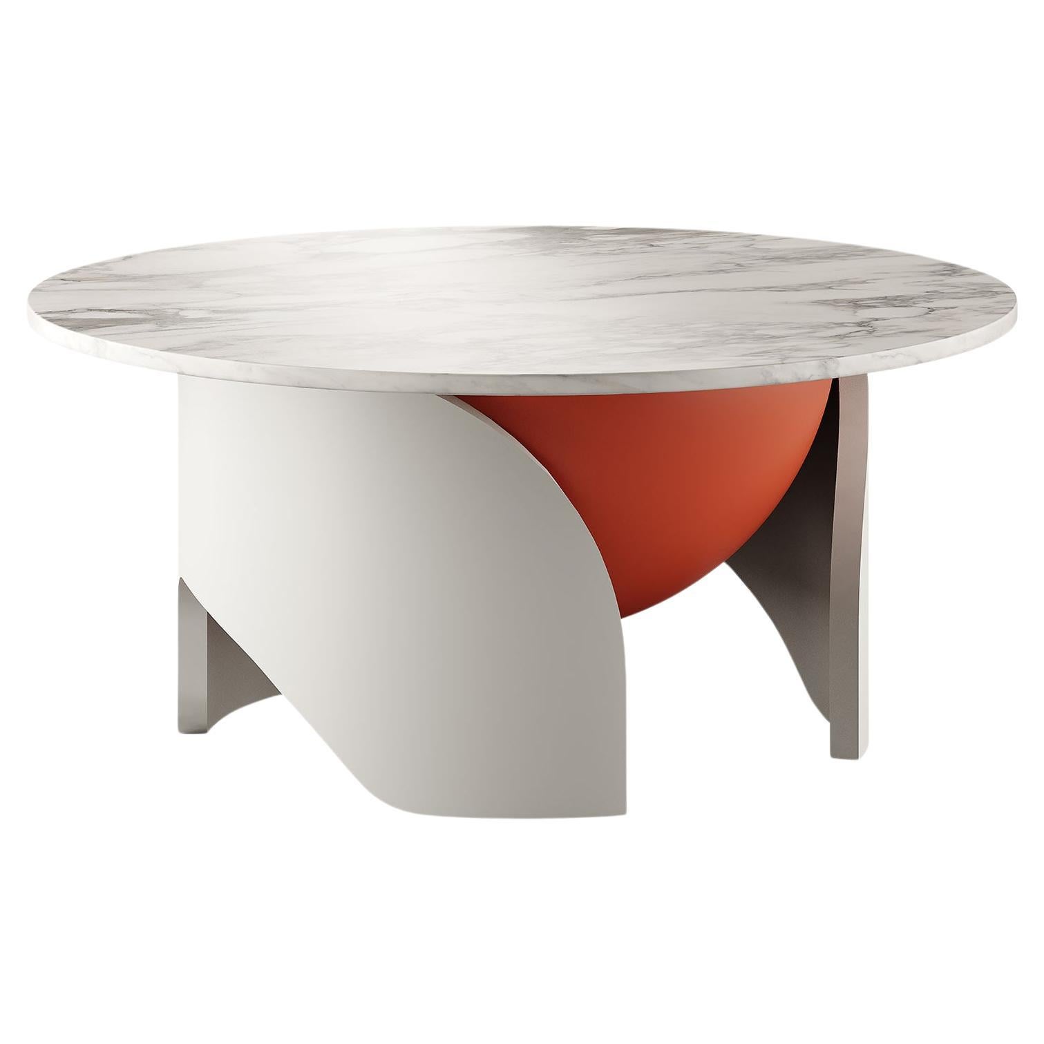 Table centrale ronde moderne Calacatta plateau en marbre blanc laqué gris et orange mat