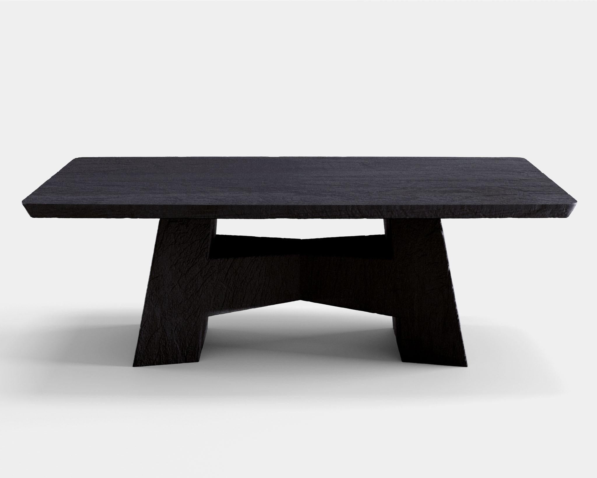 Customizable center table / dining table Mogwai by Camilo Andres Rodriguez Marquez (aka CarmWorks)

Solid oak or cedar / Burnt wood or natural 
Standard size: H 73 x 270 x 120 cm (customizable) 

Each piece is made to order and hand crafted by the