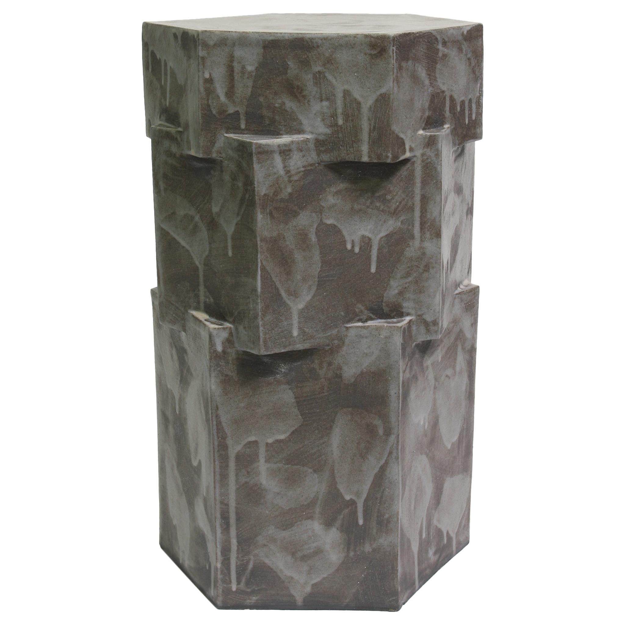 Triple Tier Tall Ceramic Hex Side Table in Acai Matte by BZIPPY For Sale
