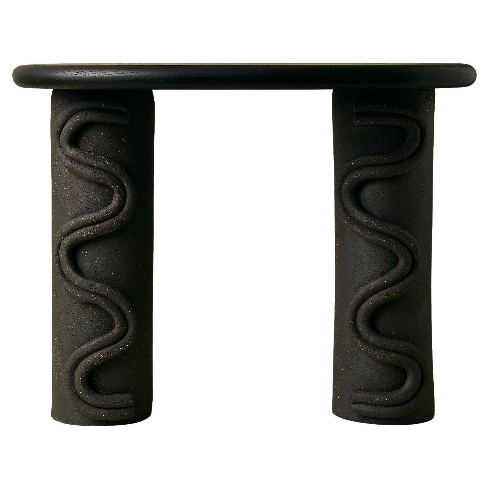 Contemporary Ceramic and Oak Side Table, Handmade, “Sway Black” by Miyelle For Sale