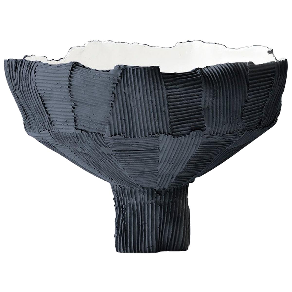 Contemporary Ceramic Anemone Footed Bowl Black and White Cartoccio Texture