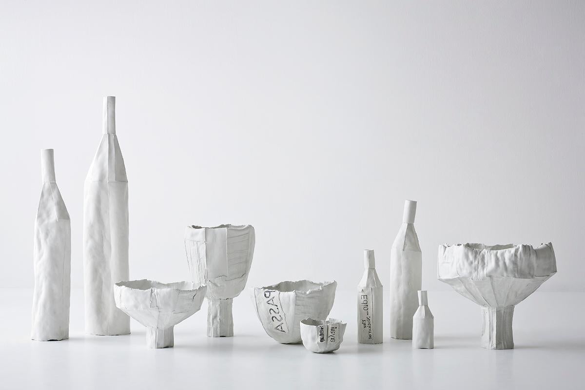 Italian Contemporary Ceramic Anemone Footed Bowl Corteccia Texture Gray