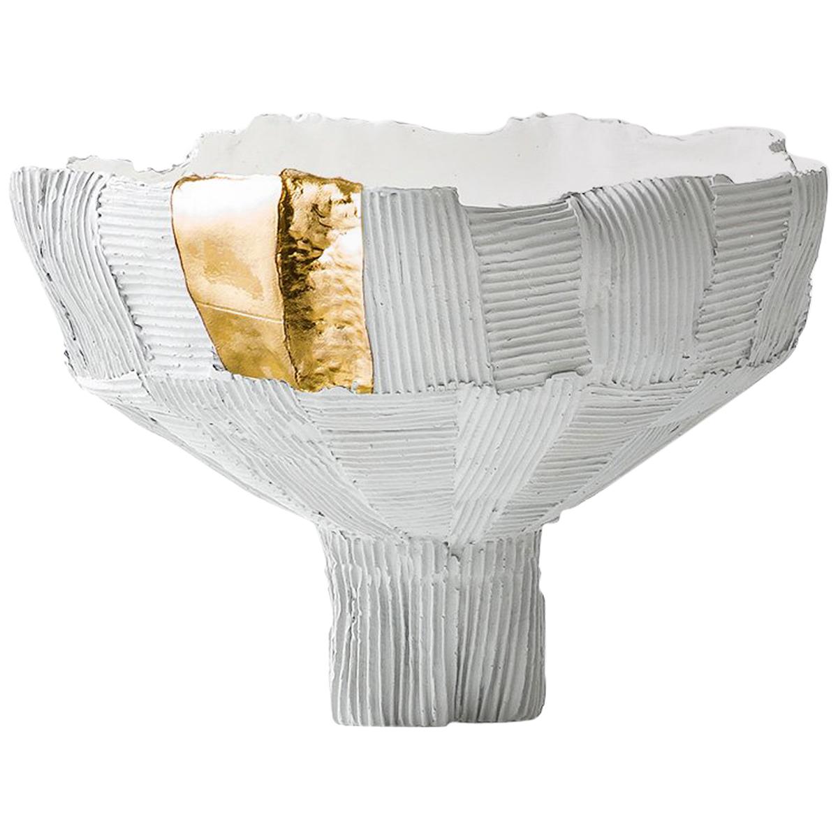 Contemporary Ceramic Anemone Footed Bowl White and Gold Insert For Sale