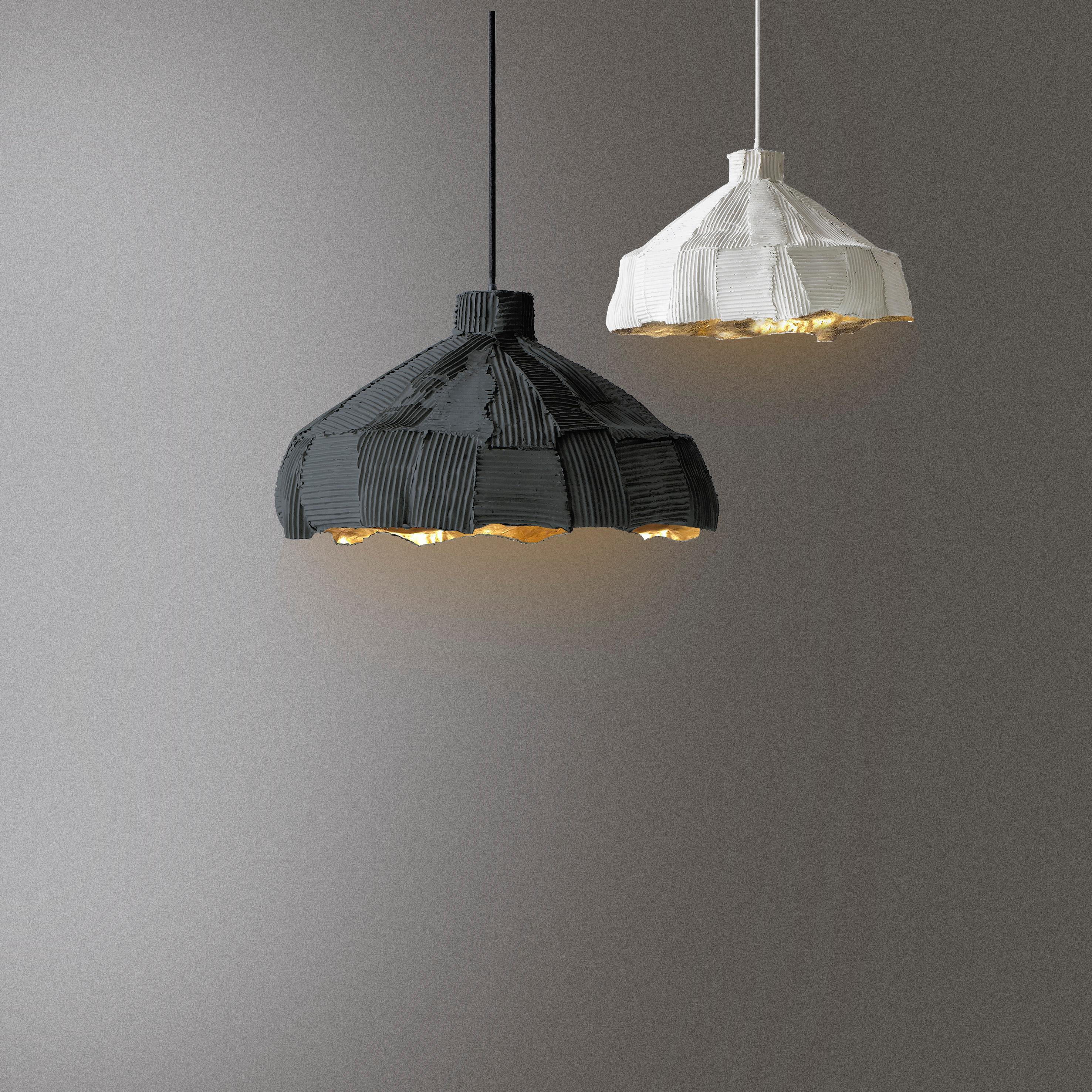 Italian Contemporary Ceramic Anemone Lamp Black Cartoccio Texture For Sale