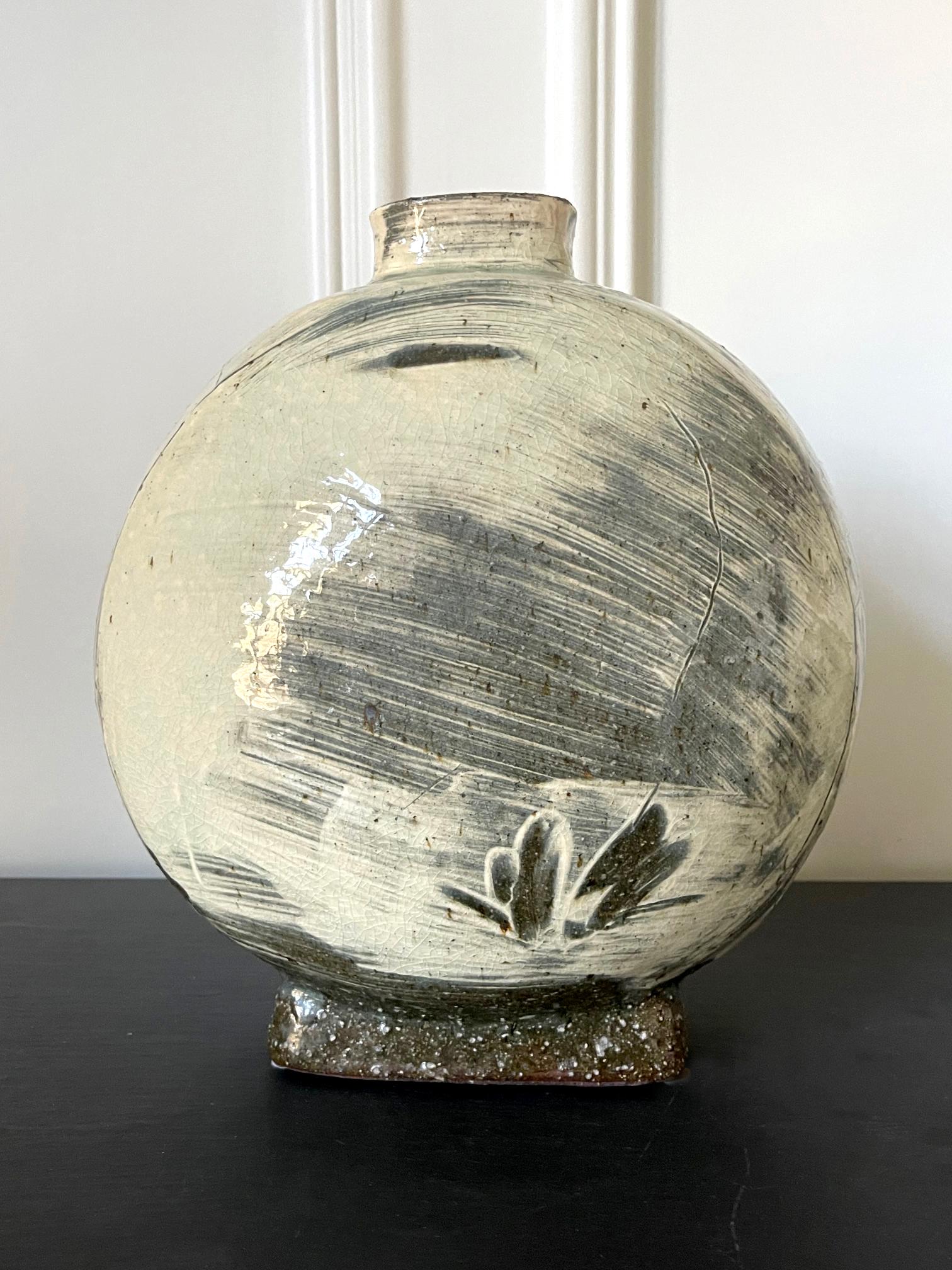 Modern Contemporary Ceramic Buncheong Moon Flask by Kang Hyo Lee