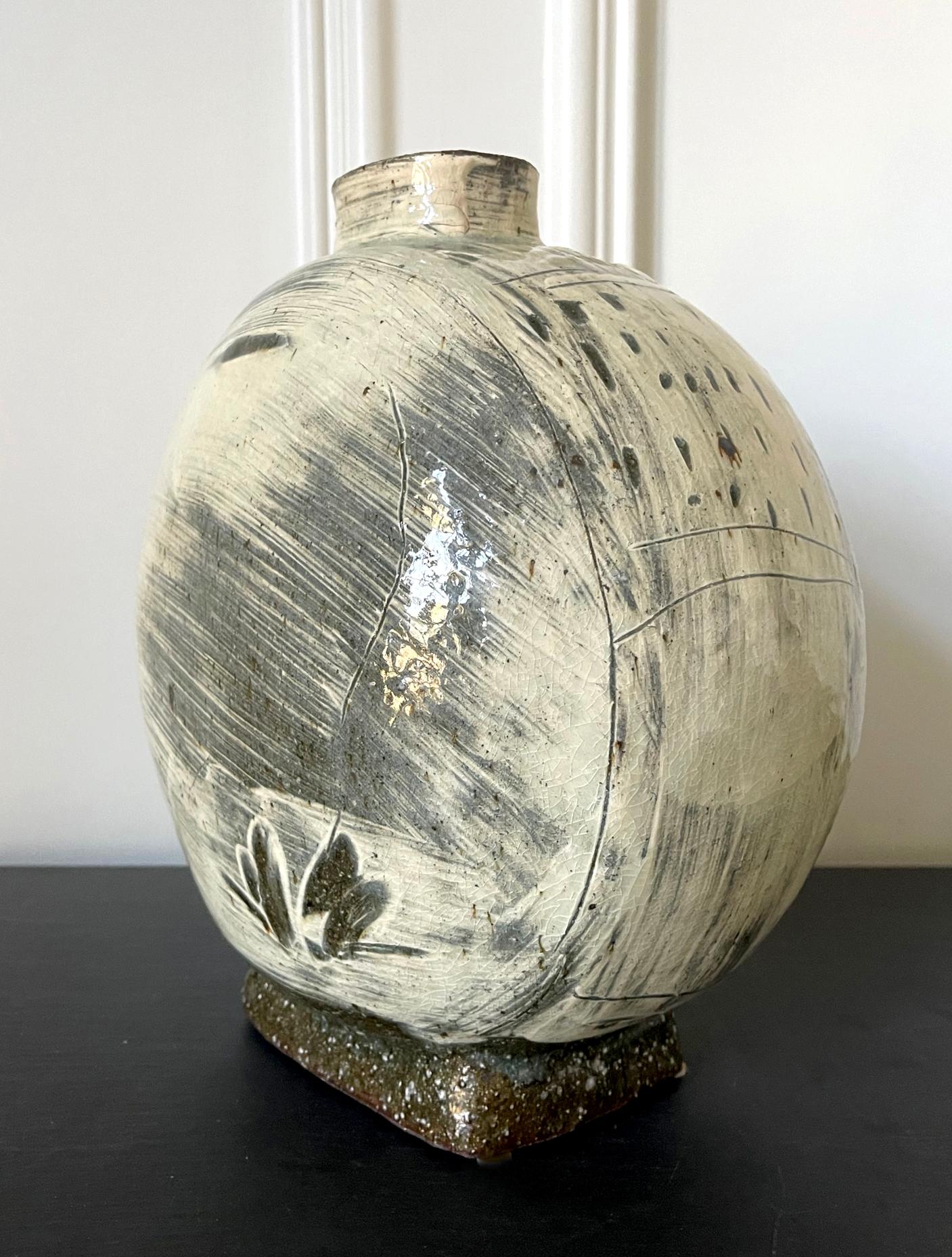 Korean Contemporary Ceramic Buncheong Moon Flask by Kang Hyo Lee