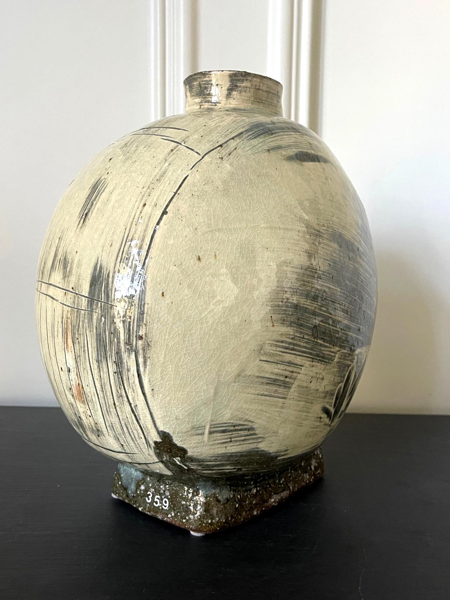 Contemporary Ceramic Buncheong Moon Flask by Kang Hyo Lee In Good Condition In Atlanta, GA