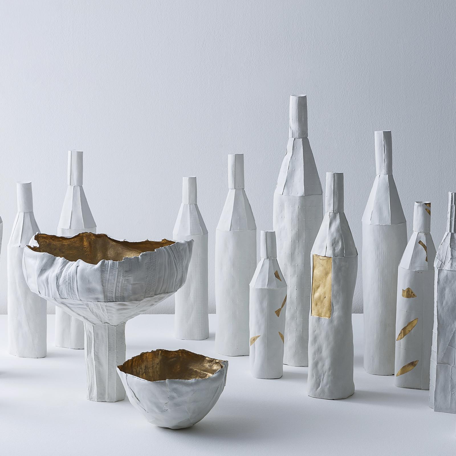 Italian Contemporary Ceramic Cartocci Liscia Texture White and Gold Decorative Bottle #2