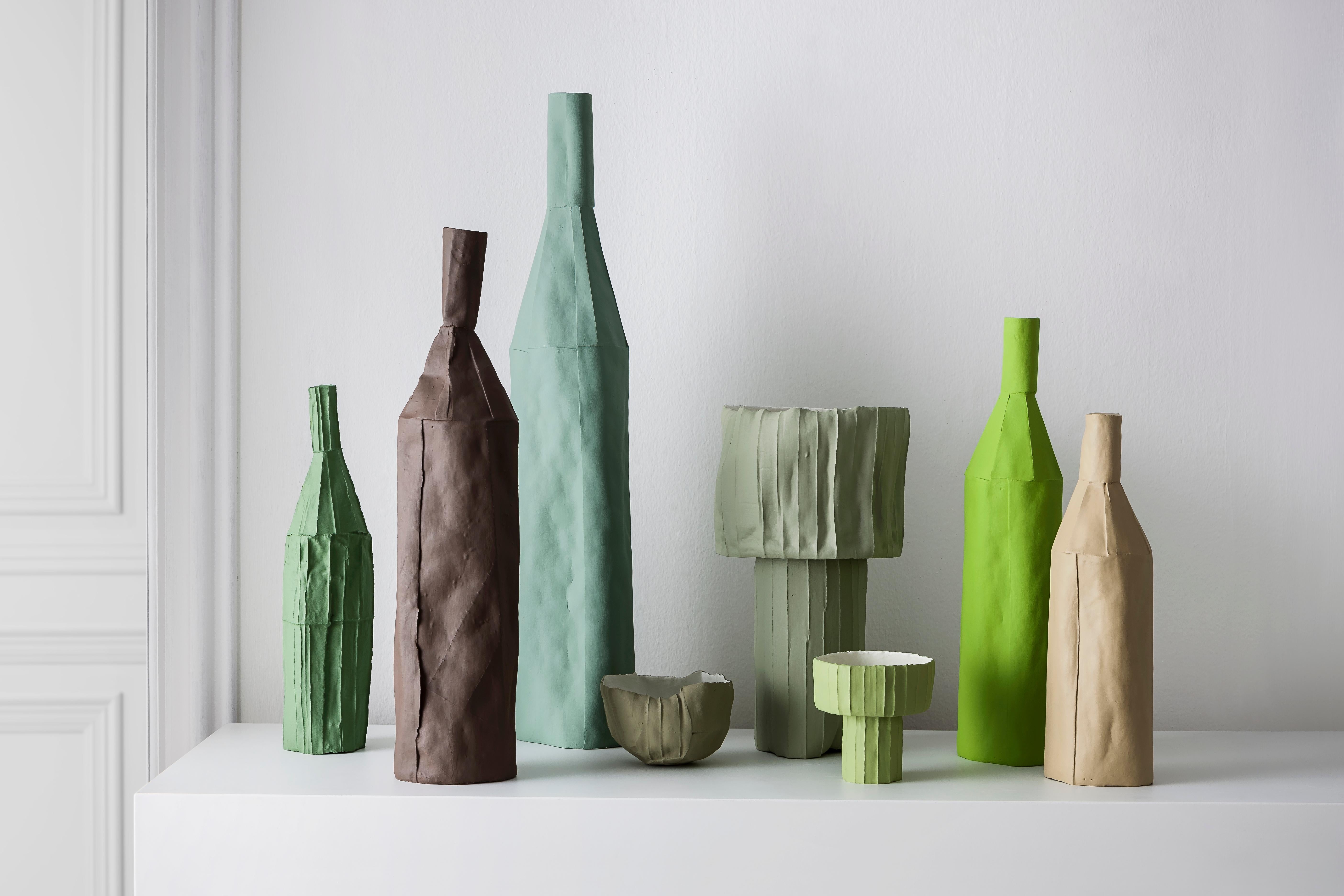 Modern Contemporary Ceramic Cartocci Texture Sage Decorative Bottle #2 For Sale