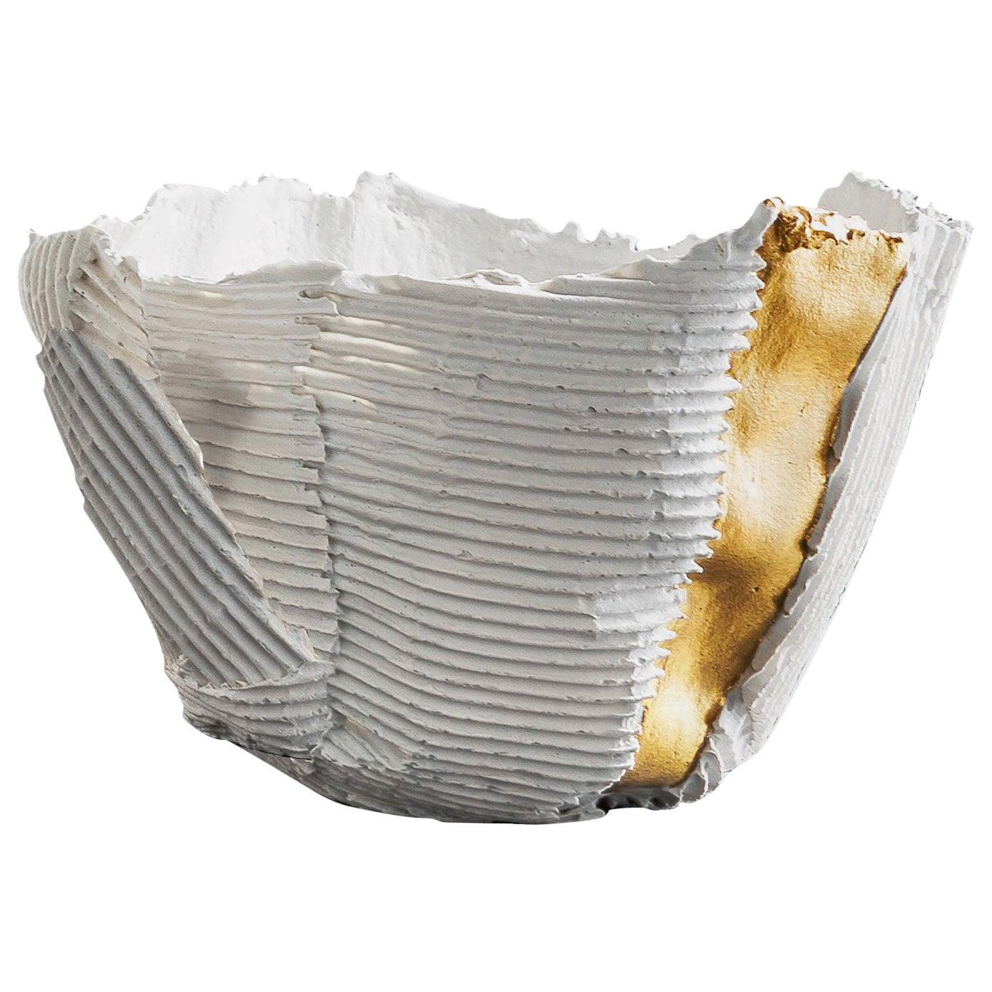 Contemporary Ceramic Cartocci Texture White and Gold Bowl #1