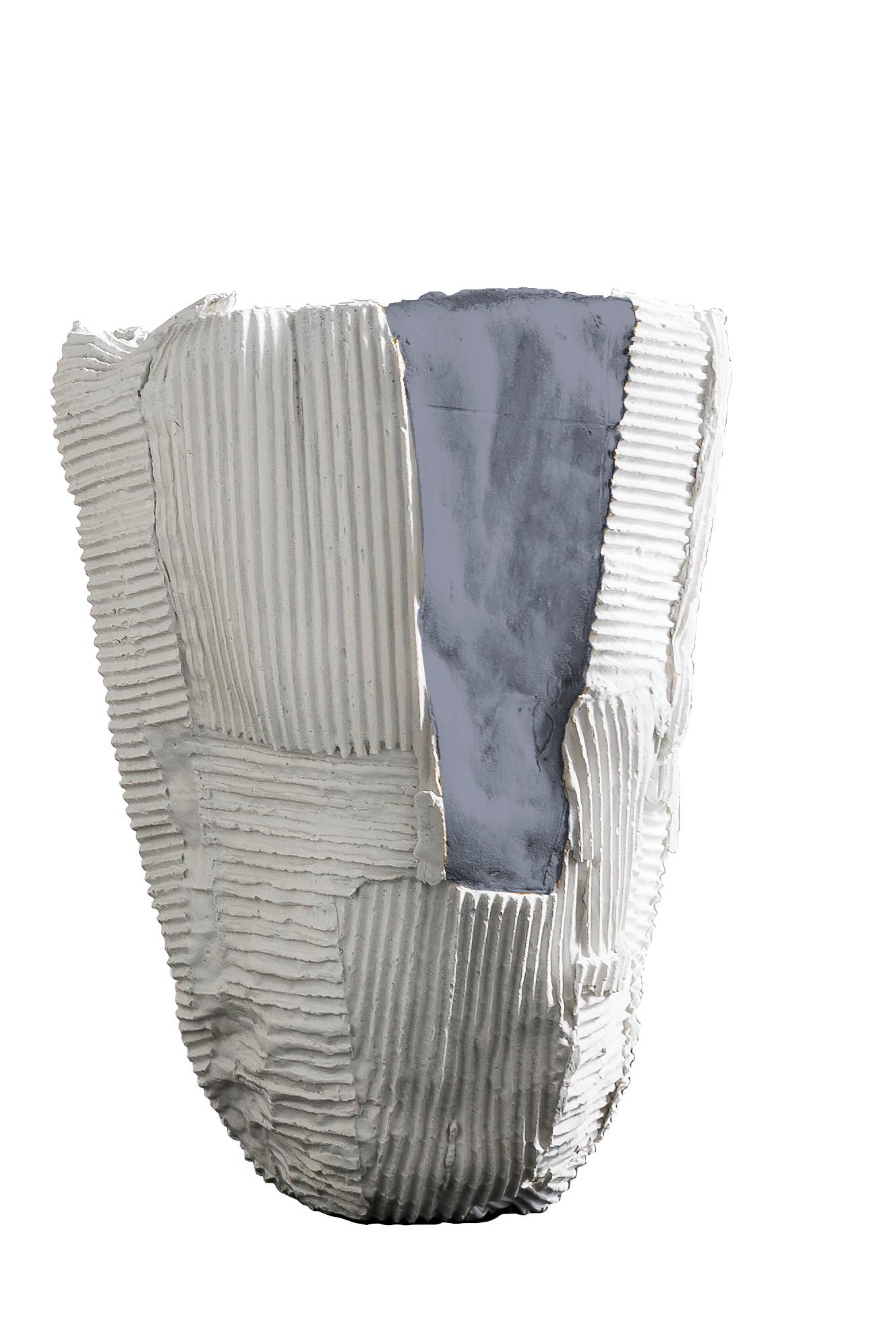 Italian Contemporary Ceramic Cartocci Texture White and Gray Tall Vase For Sale