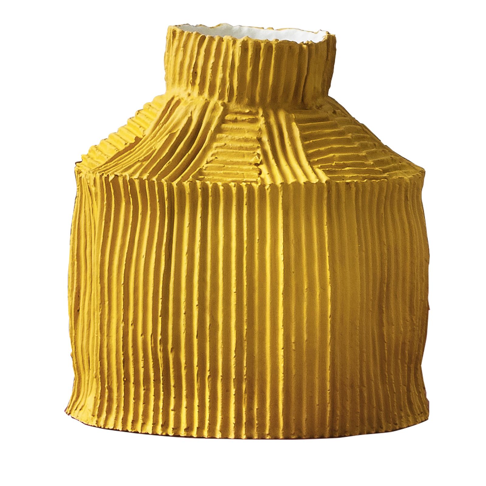 Modern Contemporary Ceramic Cartoccio Texture Fide Yellow Vase For Sale