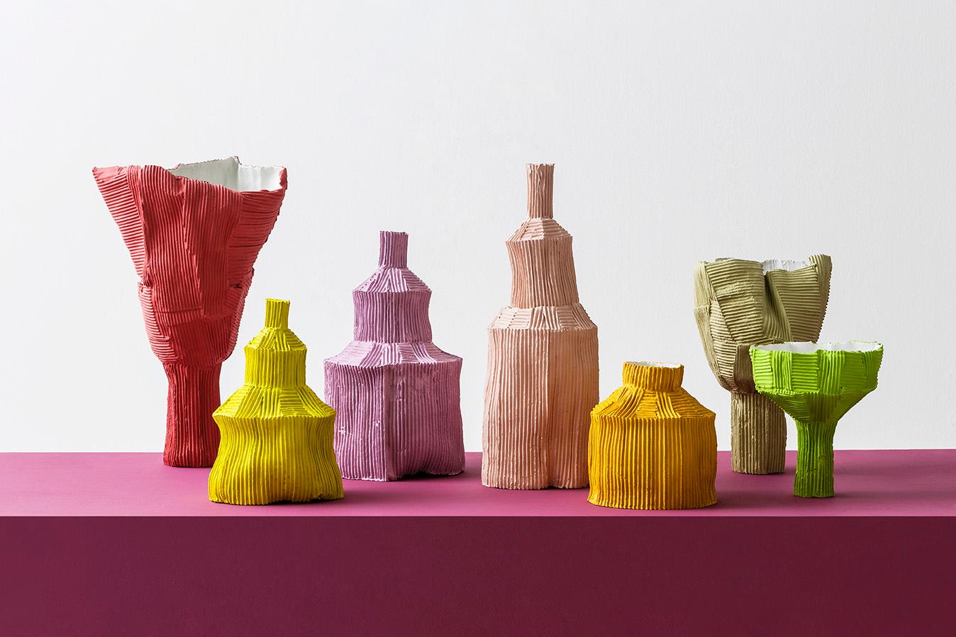 Italian Contemporary Ceramic Cartoccio Texture Fide Yellow Vase For Sale