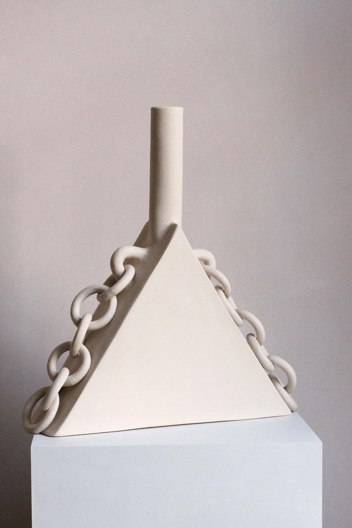 British Contemporary Ceramic Chain Triangular Sculpture, Handmade, “OOOOO IV” by Miyelle For Sale