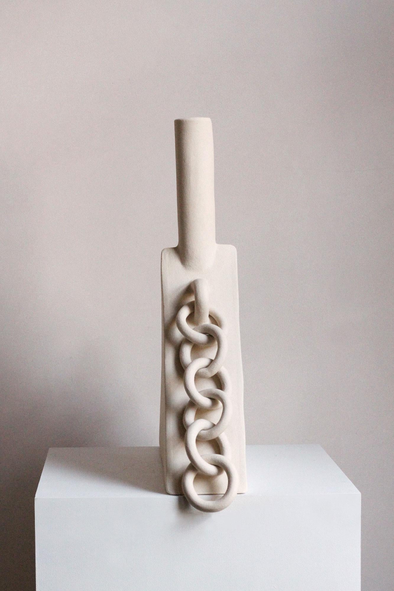 Hand-Crafted Contemporary Ceramic Chain Triangular Sculpture, Handmade, “OOOOO IV” by Miyelle For Sale