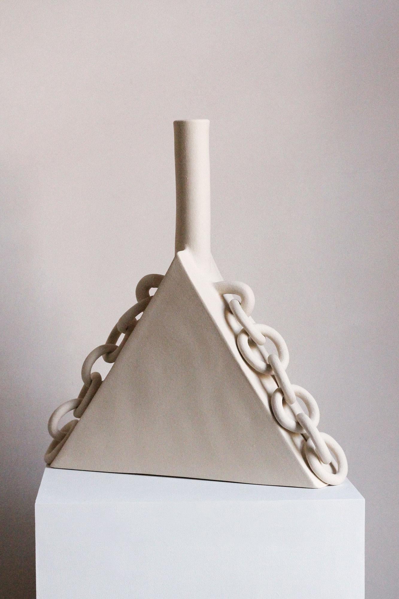 Contemporary Ceramic Chain Triangular Sculpture, Handmade, “OOOOO IV” by Miyelle For Sale 1