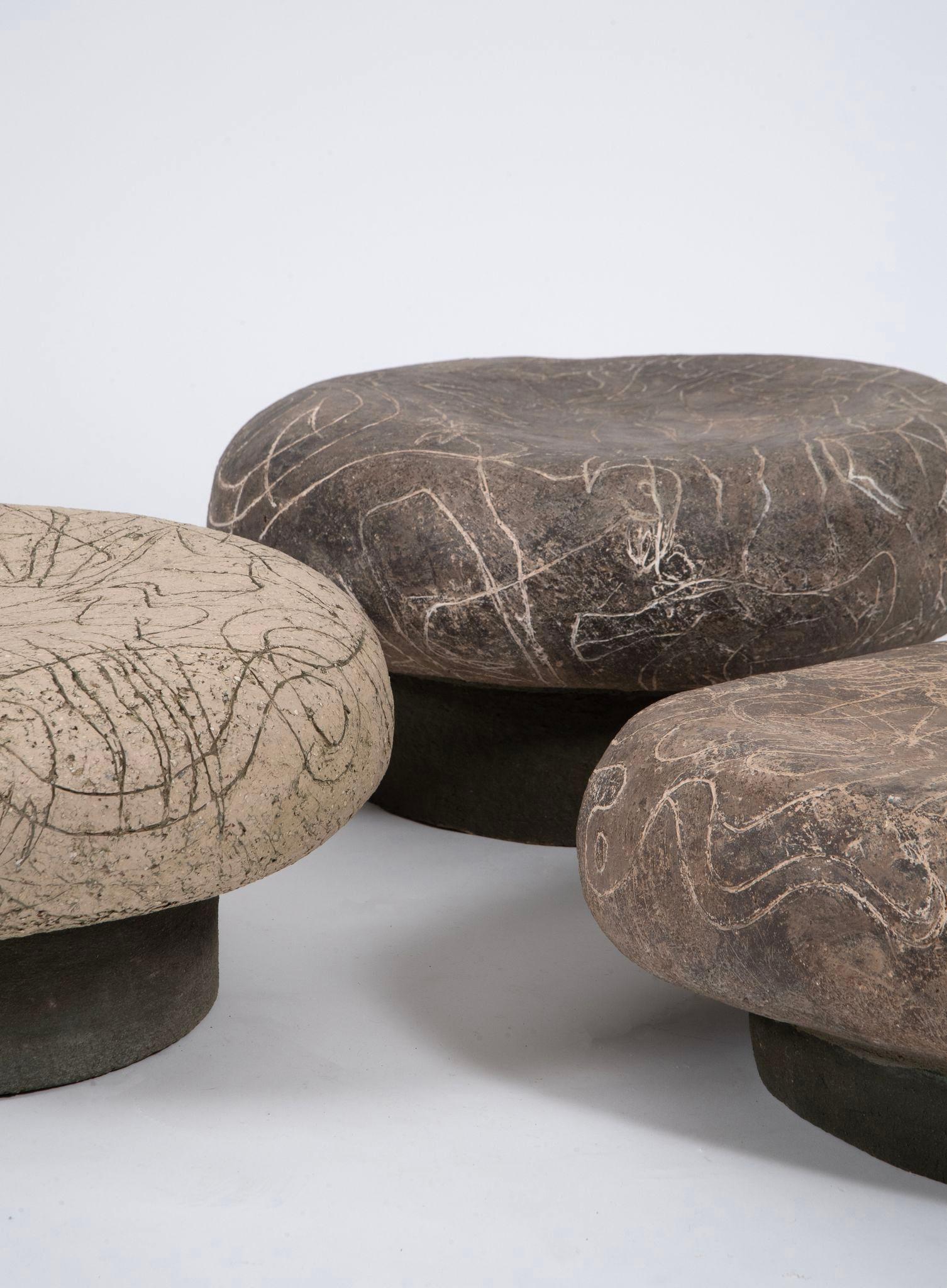 Hand-Carved COntemporary Ceramic Coffee Tables by Agnès Debizet For Sale