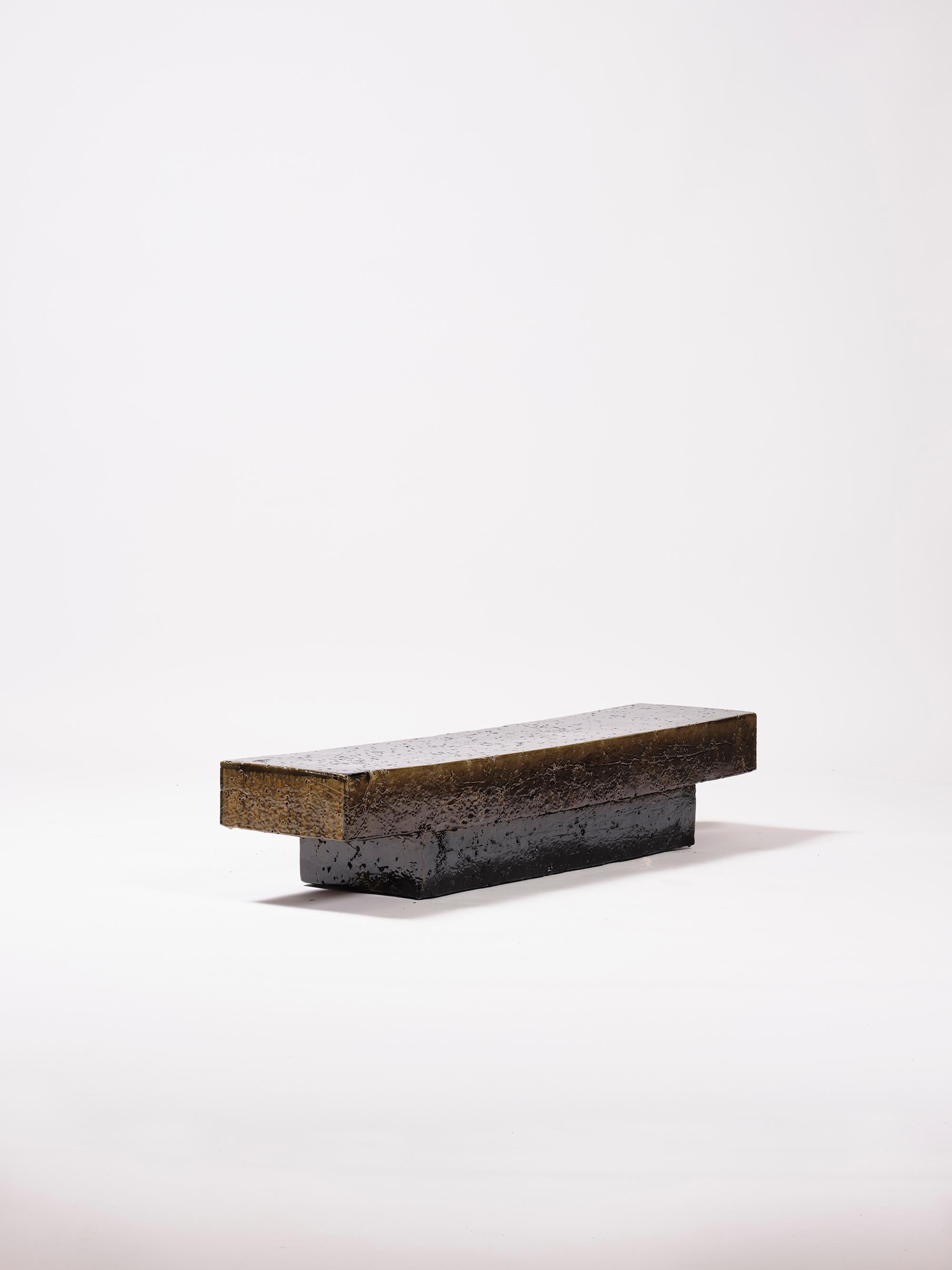 Enameled Contemporary Ceramic Coffeetable modern Bench Glazed Stoneware Dark Green Brown  For Sale