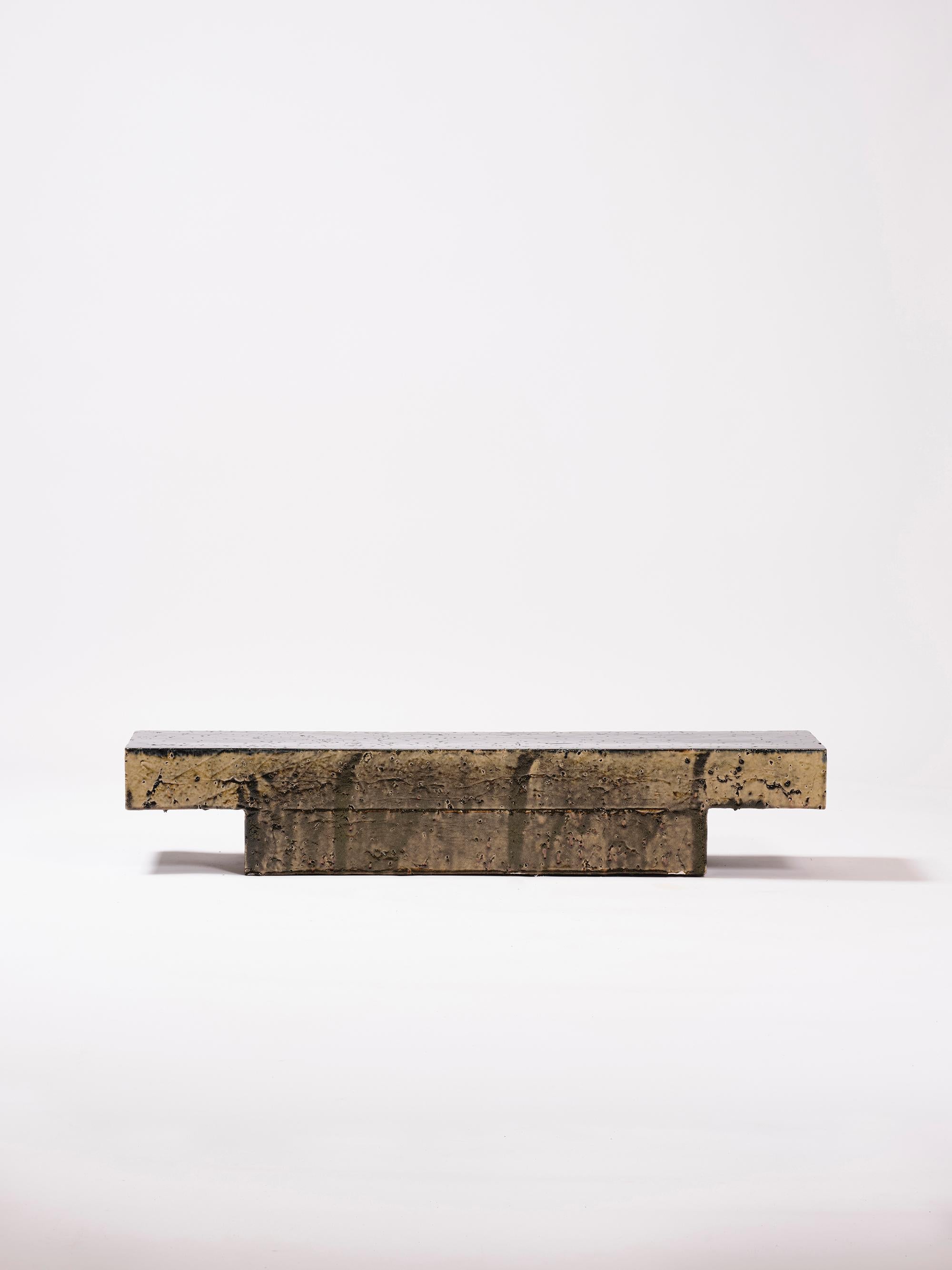 Contemporary Ceramic Coffeetable Bench Glazed Stoneware Yellow Green Iron Oxide In New Condition For Sale In Rubi, Catalunya