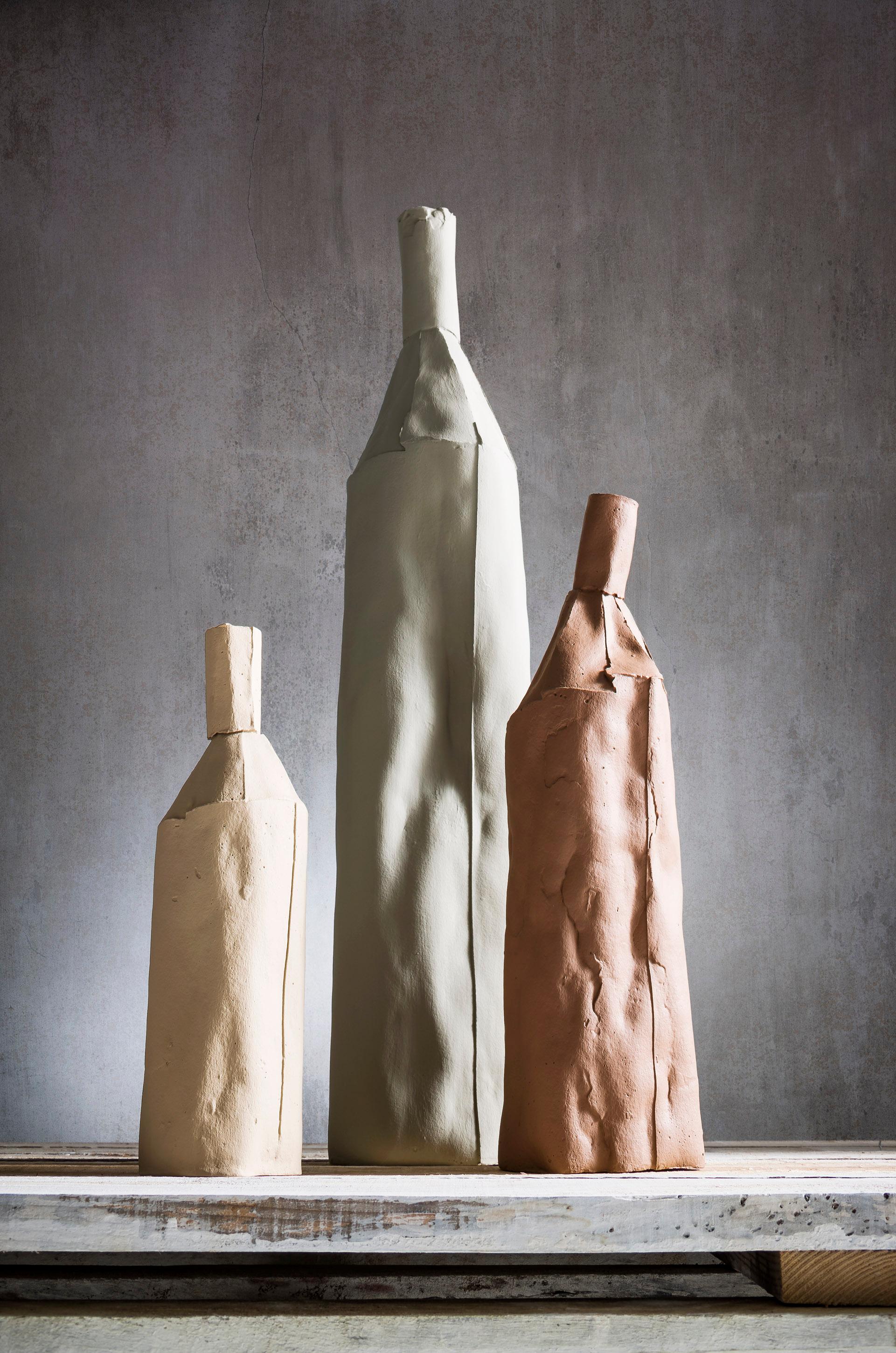 Italian Contemporary Ceramic Decorative Bottle Liscia Texture Beige For Sale