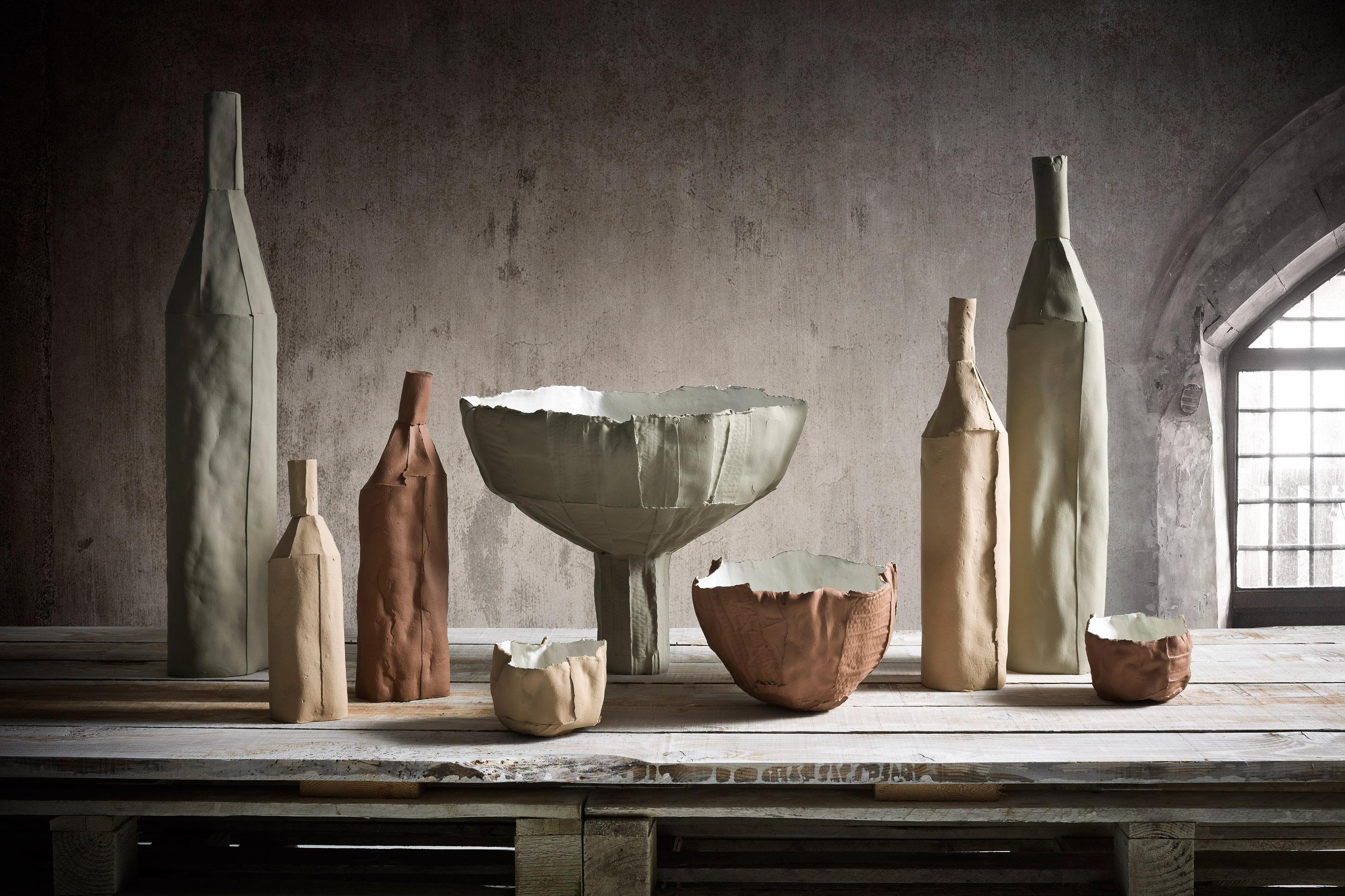 Italian Contemporary Ceramic Decorative Bottle Liscia Texture Brown For Sale