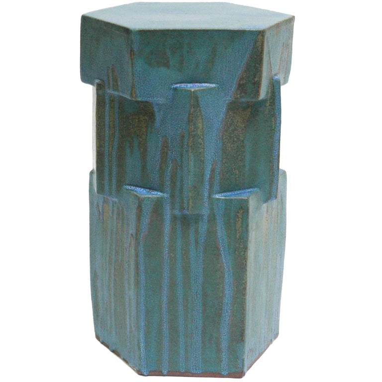 Contemporary Ceramic Drippy Teal Hexagon Side Table