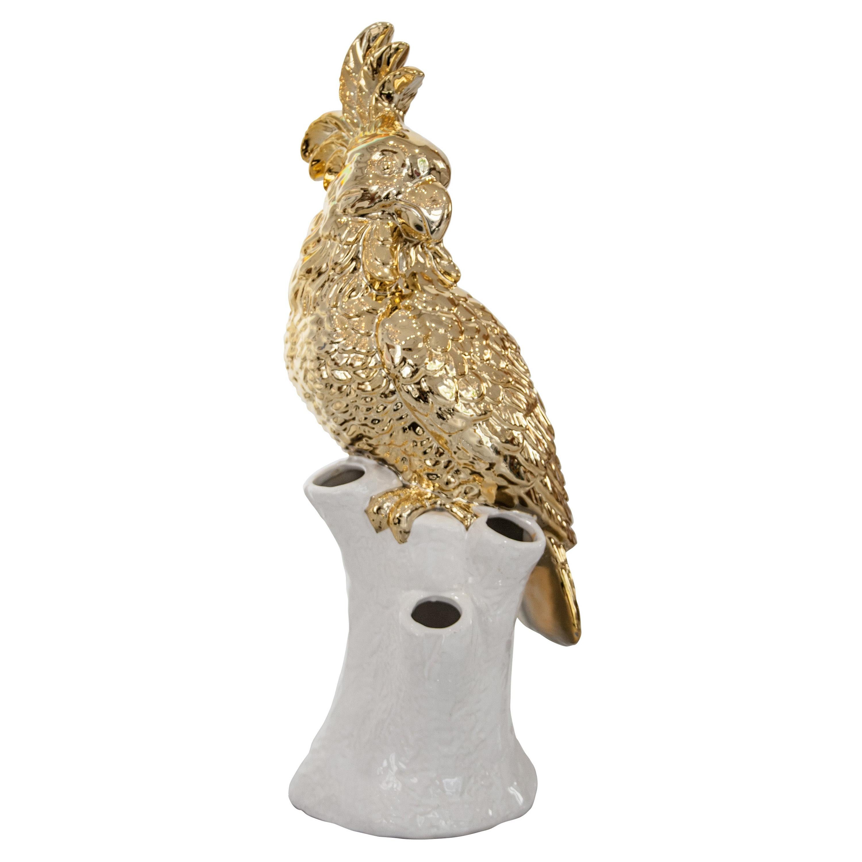 Vase décoratif contemporain en céramique blanc doré en forme de cacatoès, Pays-Bas, 2020.