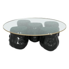Contemporary Handpainted Figurative Sculpture Round Black Center Table Glass Top