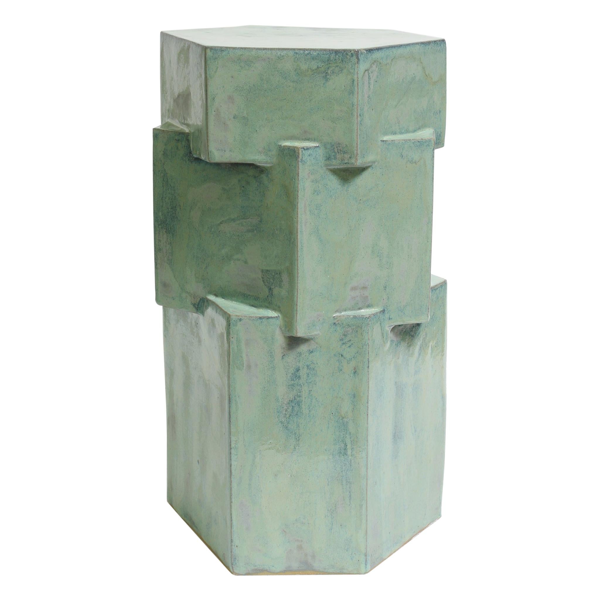 Triple Tier Tall Ceramic Hex Side Table in Jade by BZIPPY For Sale