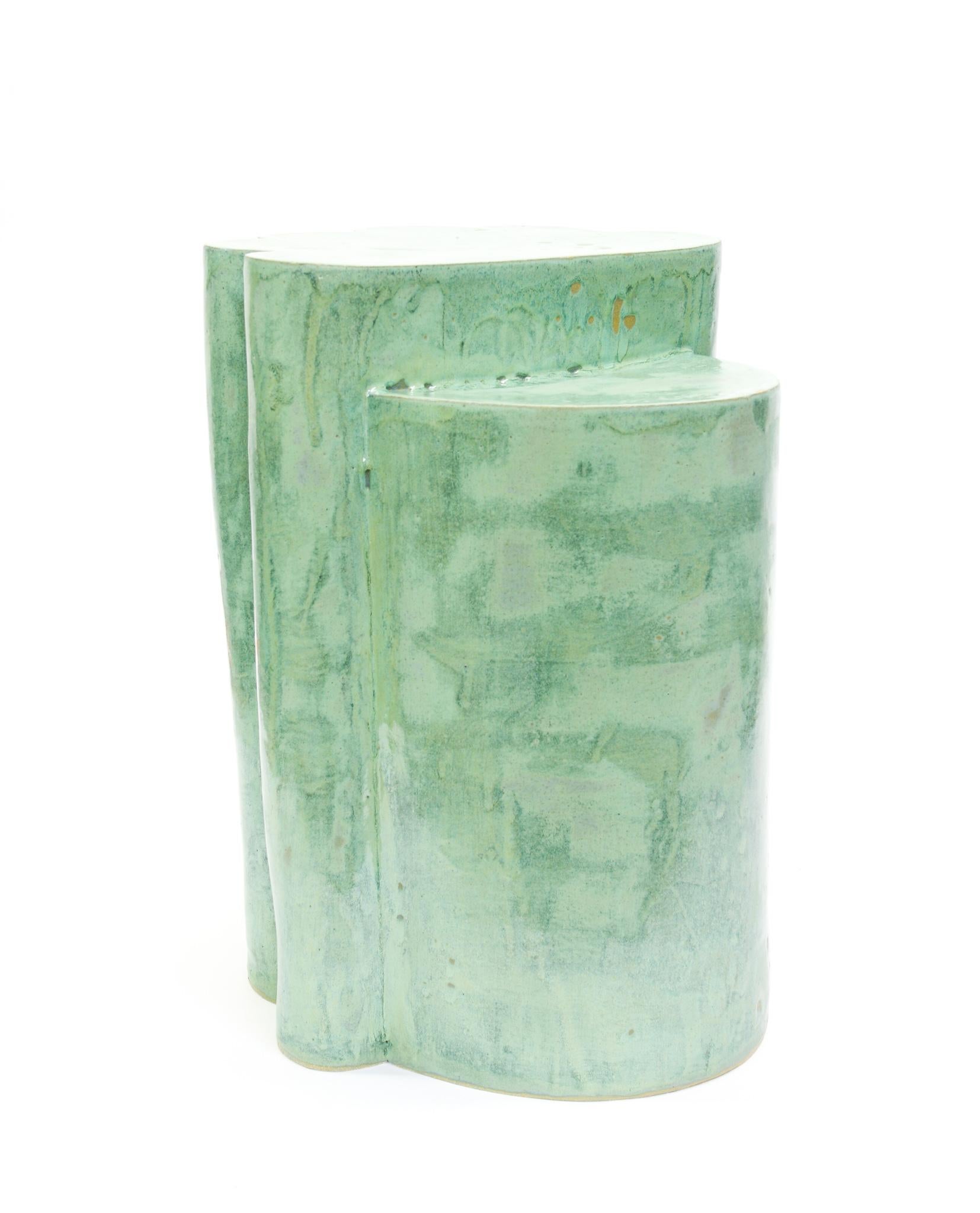 Modern Ceramic Ledge Side Table & Stool in Jade by BZIPPY For Sale