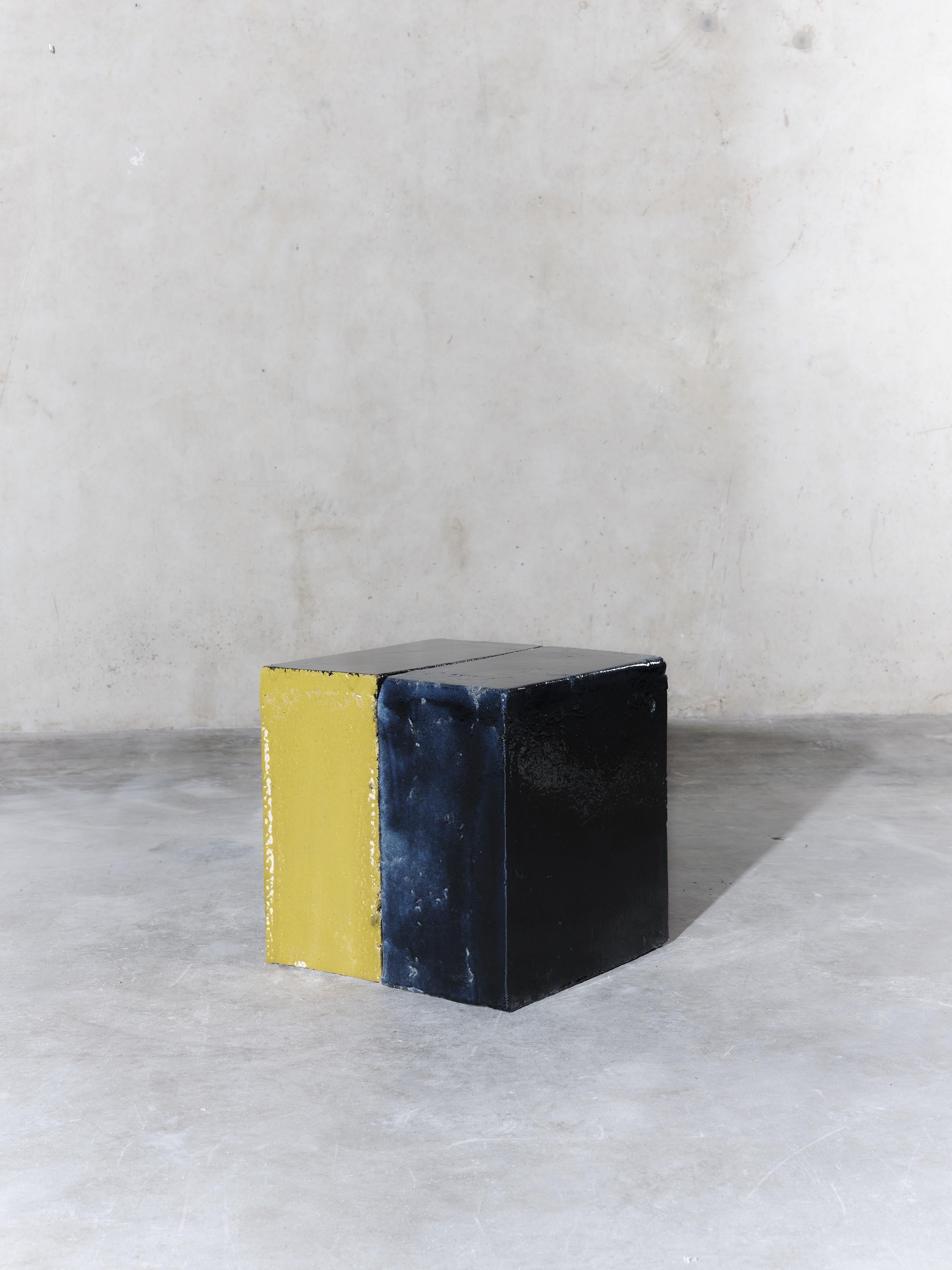 Spanish Contemporary Ceramic Modern  Blue/Yellow  Sidetable Glazed Earthenware  For Sale