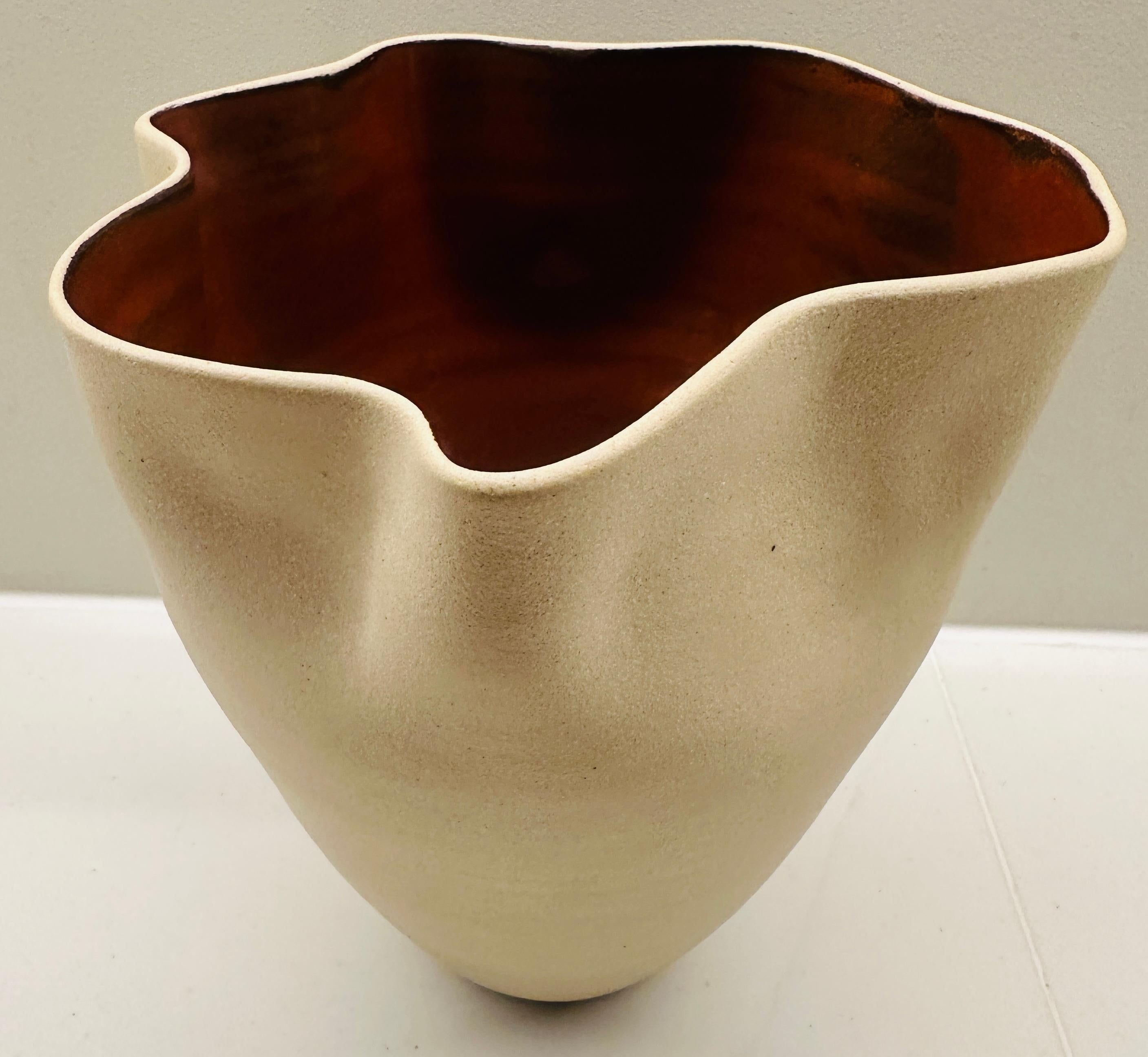 Contemporary Ceramic Natural & Red Glazed Contoured Pottery Vase by FD21 Clay For Sale 6