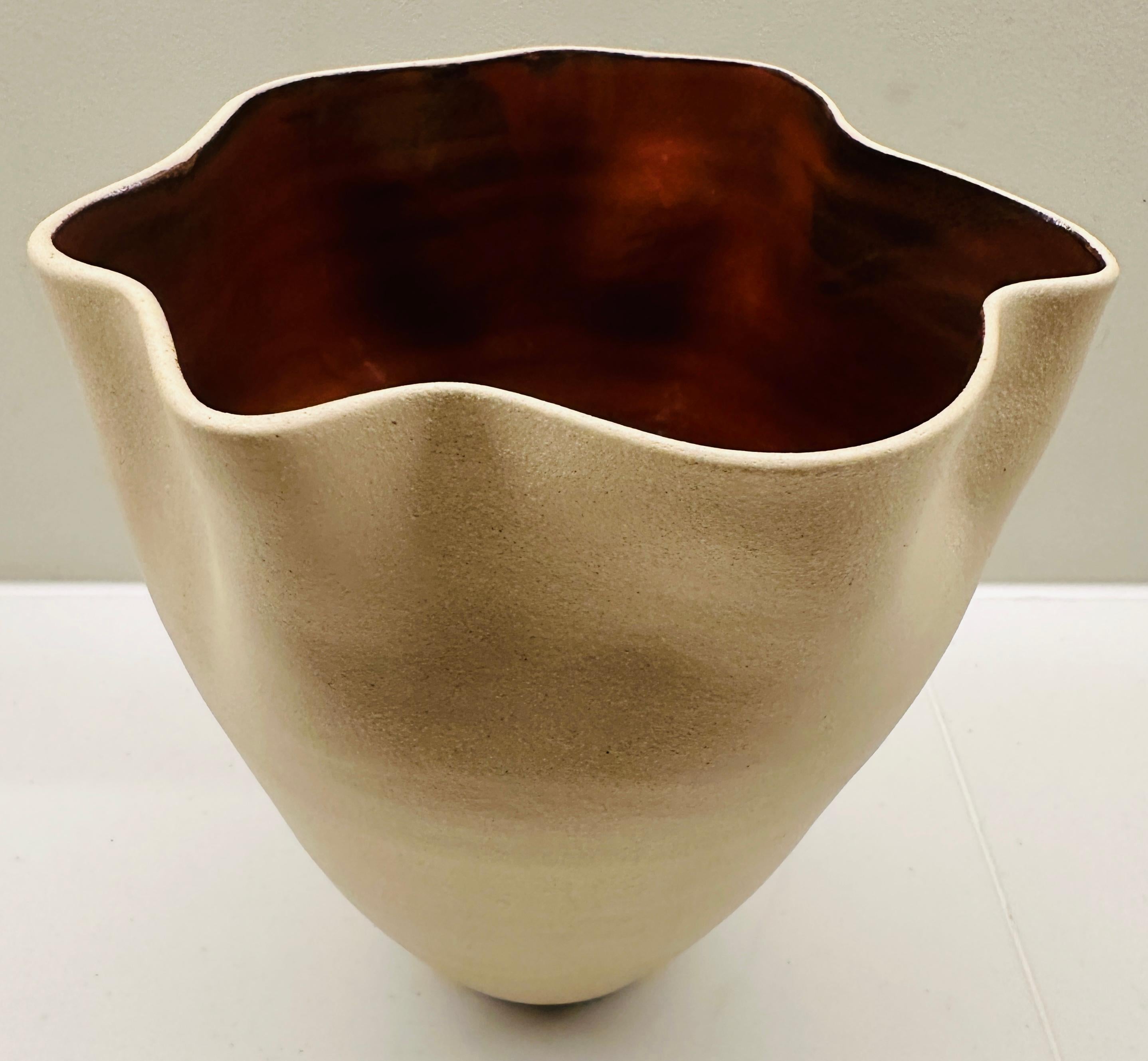 Contemporary Ceramic Natural & Red Glazed Contoured Pottery Vase by FD21 Clay For Sale 7