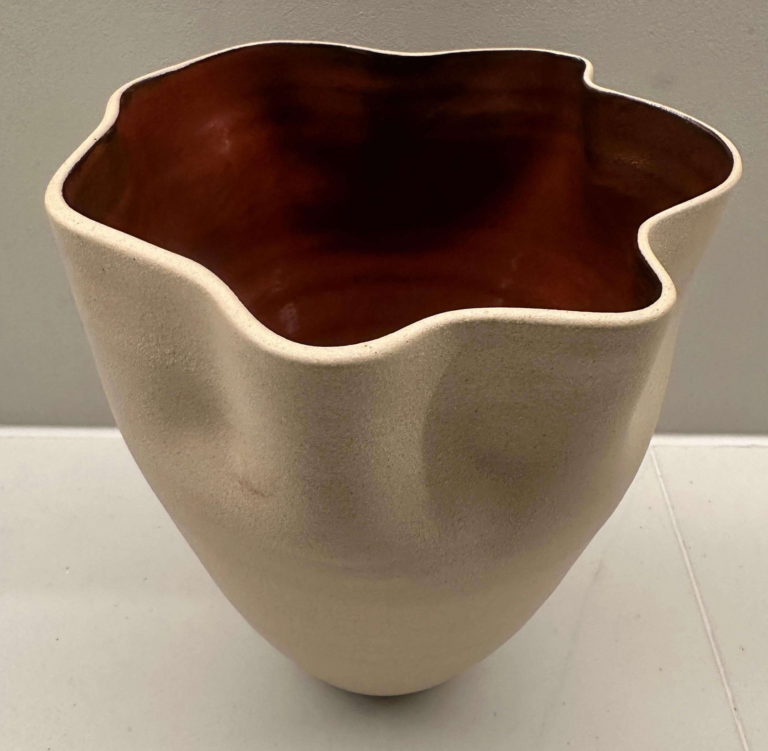 Contemporary Ceramic Natural & Red Glazed Contoured Pottery Vase by FD21 Clay For Sale 9