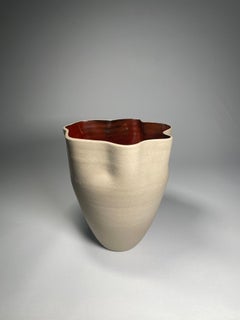 Contemporary Ceramic Natural & Red Glazed Contoured Pottery Vase by FD21 Clay
