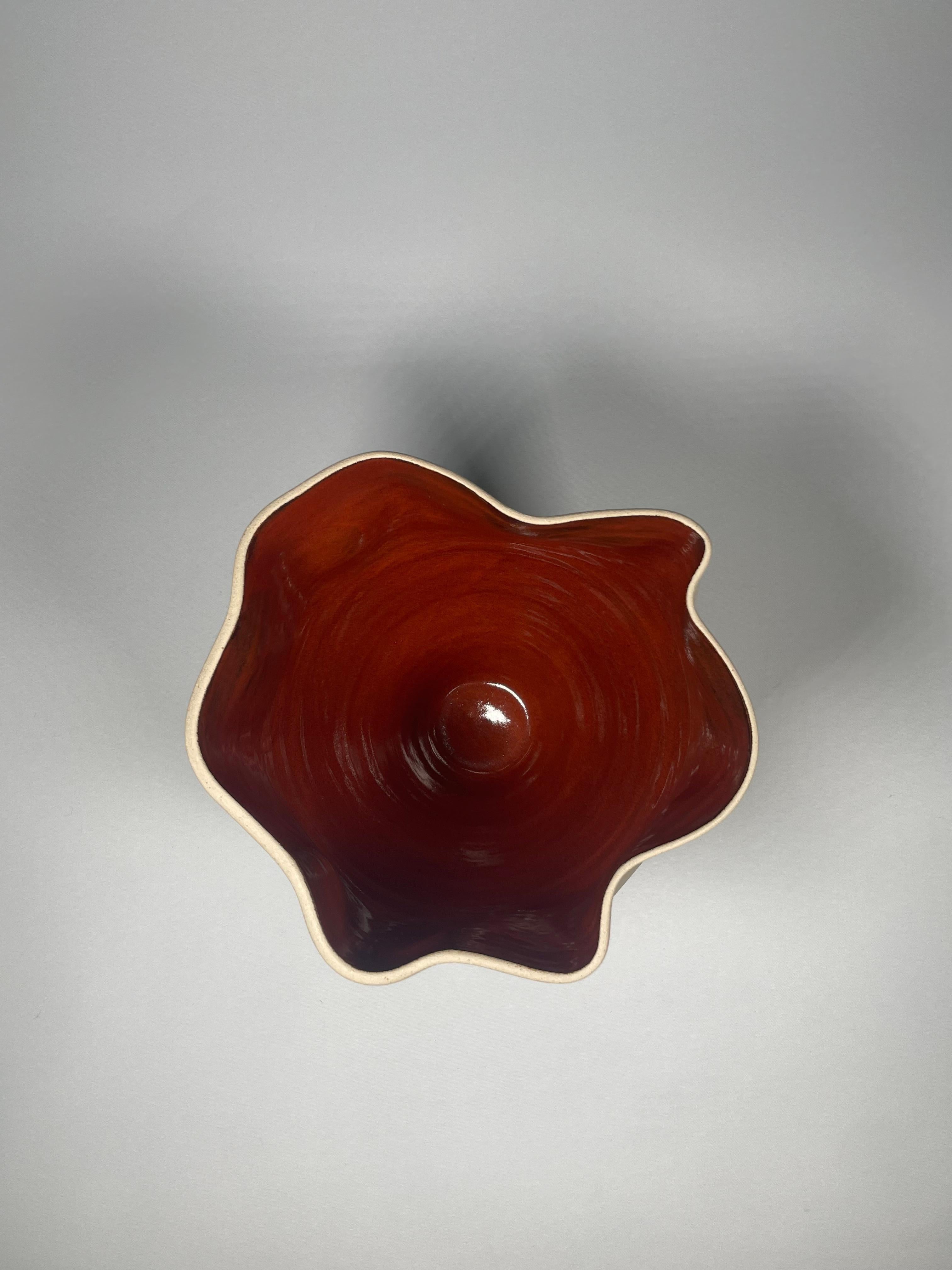 Modern Contemporary Ceramic Natural & Red Glazed Contoured Pottery Vase by FD21 Clay For Sale