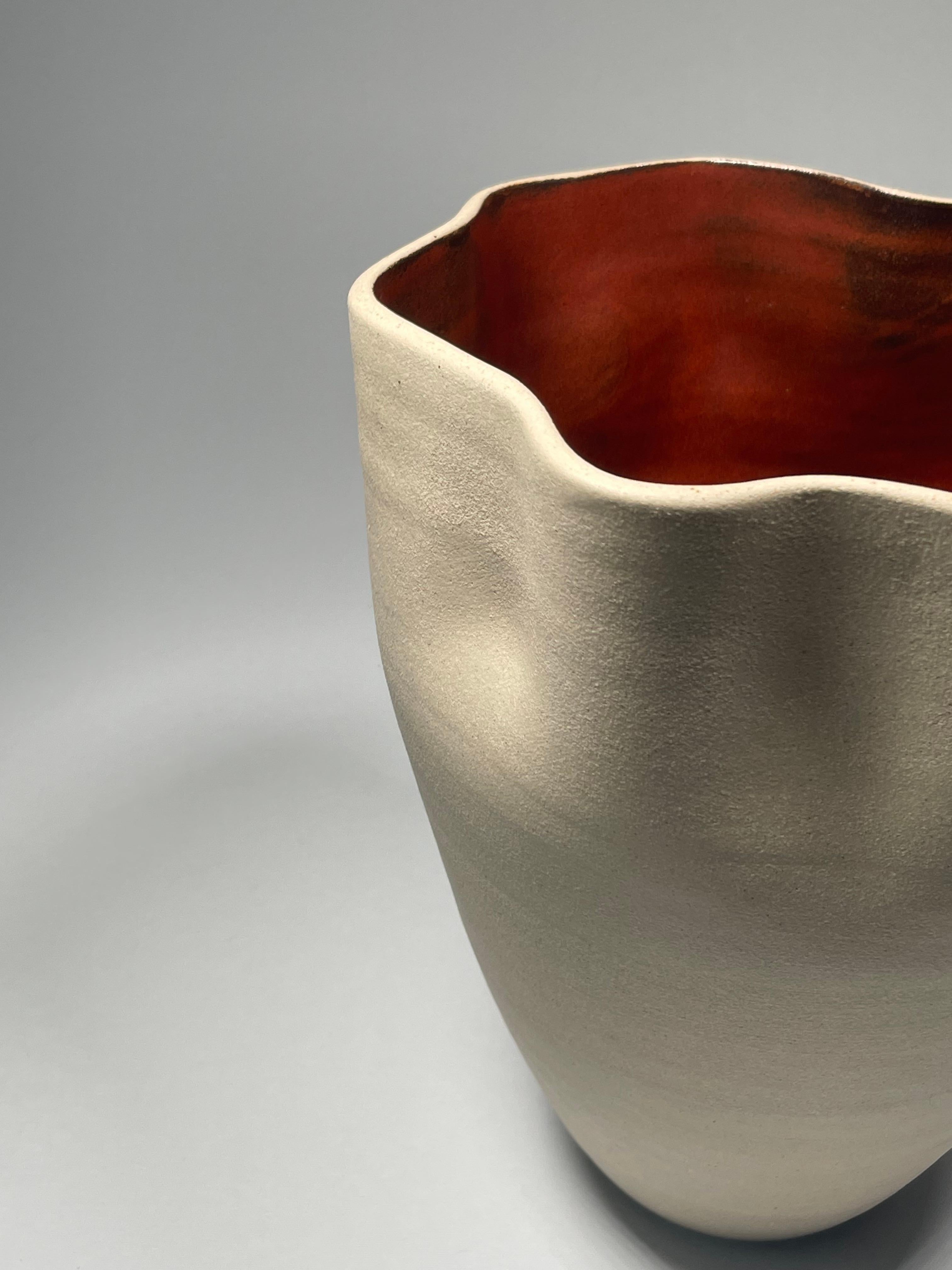 Brazilian Contemporary Ceramic Natural & Red Glazed Contoured Pottery Vase by FD21 Clay For Sale